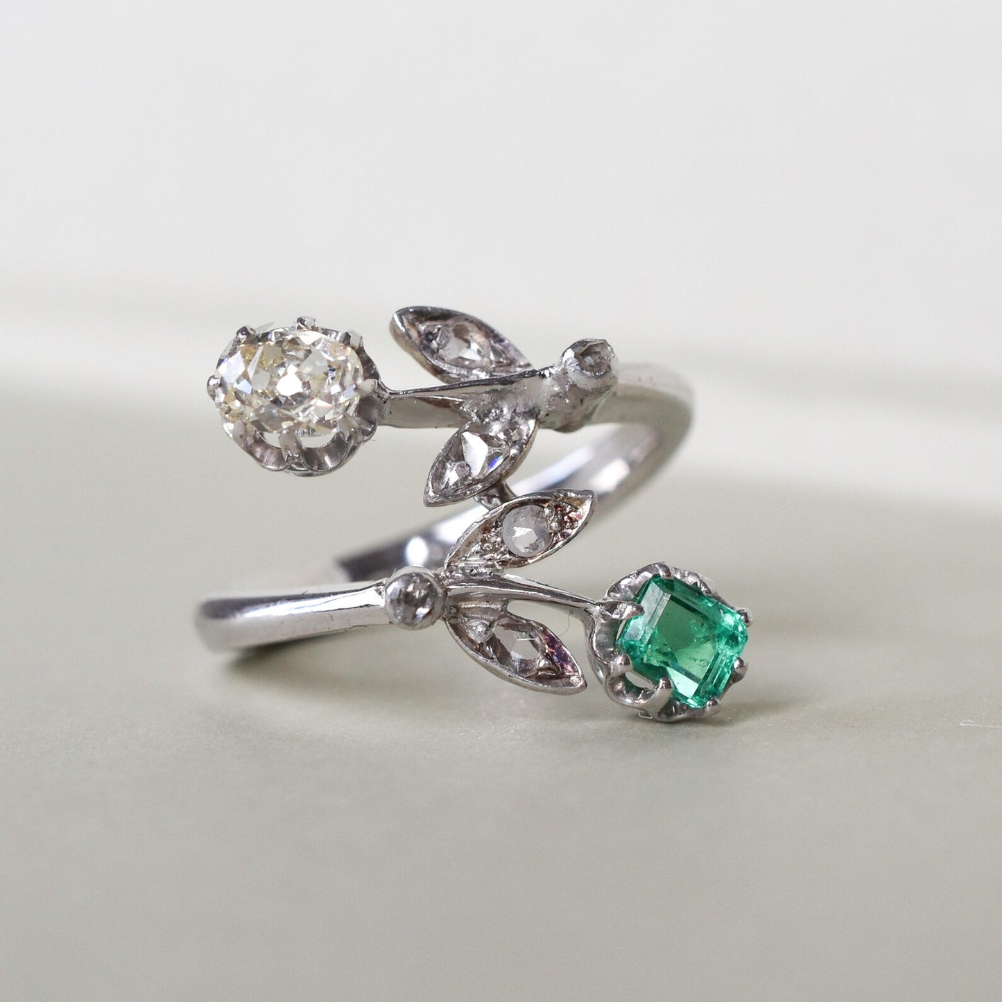 Vintage Emerald and Diamond 'Toi et Moi' Engagement Ring