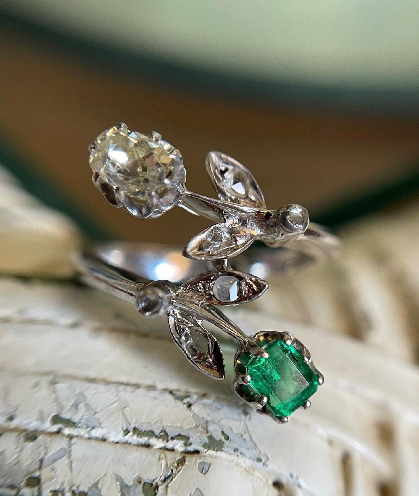 Vintage Emerald and Diamond 'Toi et Moi' Engagement Ring