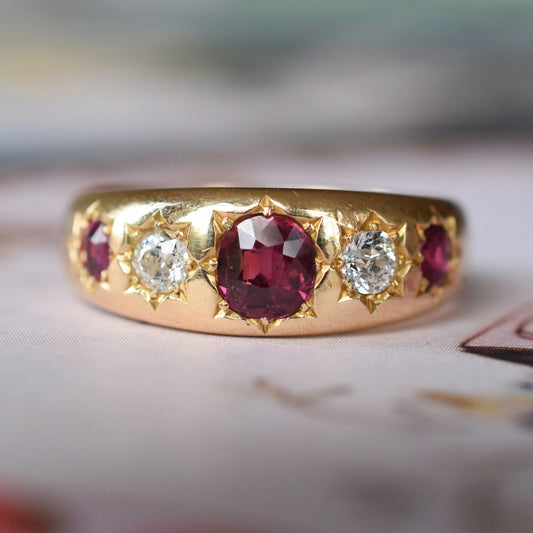 Antique Edwardian 18k Gold Ruby Diamond Five Stone " Gypsy" Ring
