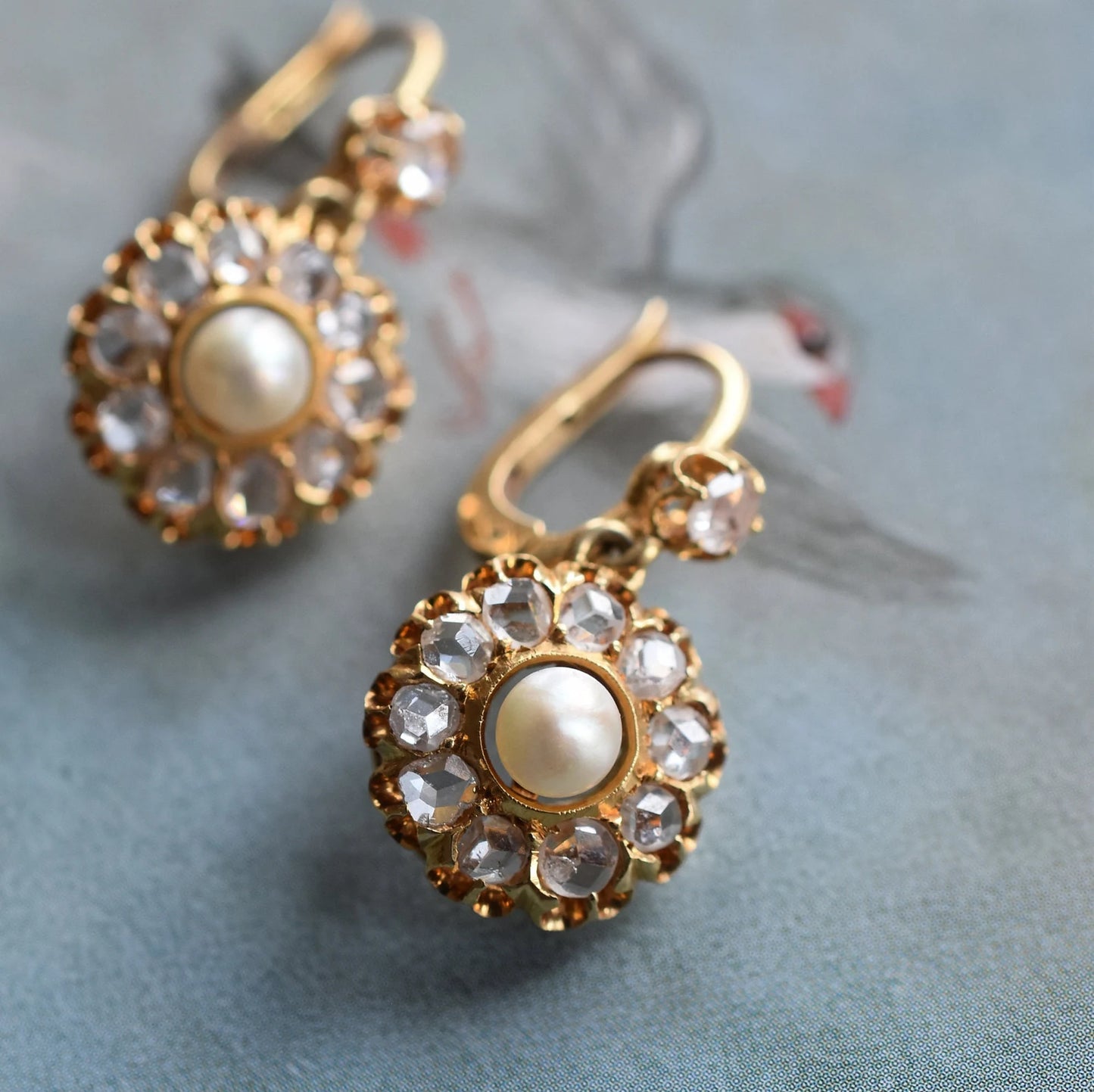 Vintage Italian Rose cut Diamond & Pearl Cluster Earrings