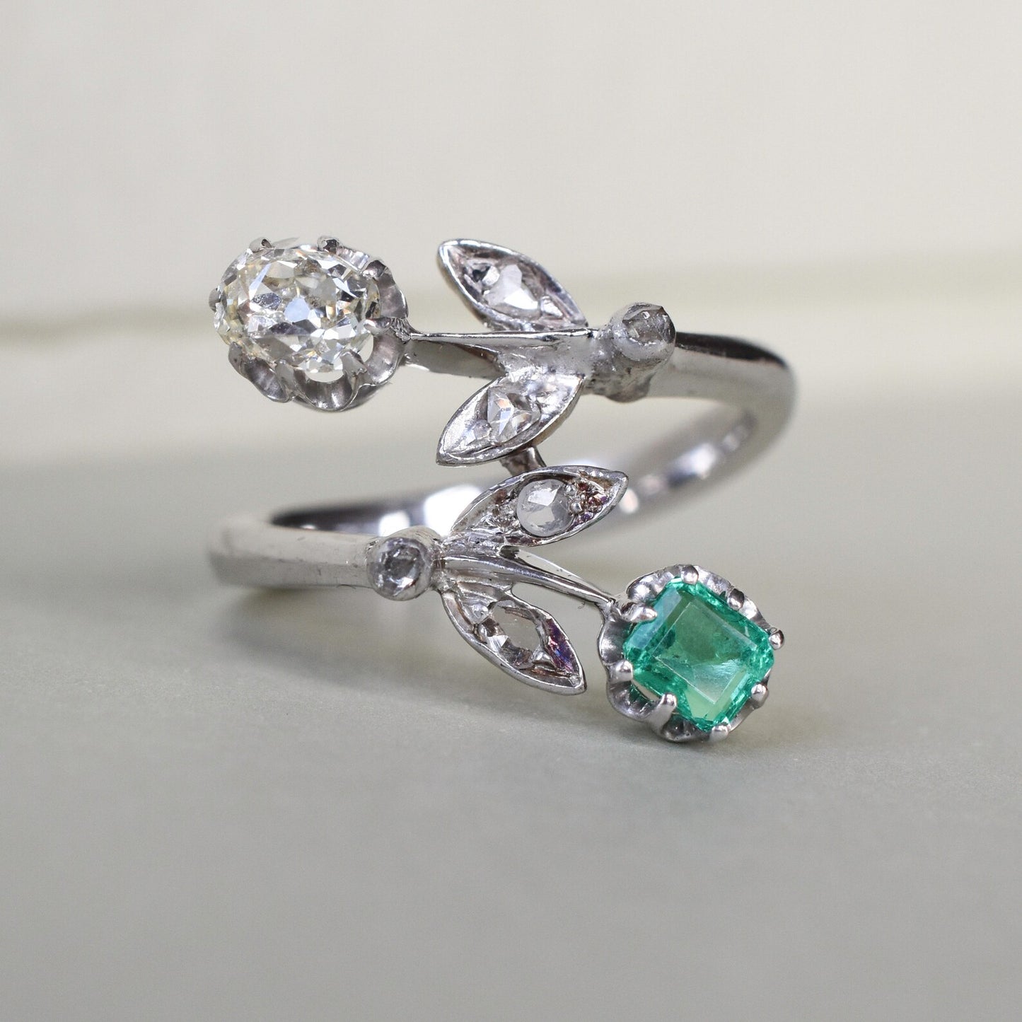 Vintage Emerald and Diamond 'Toi et Moi' Engagement Ring