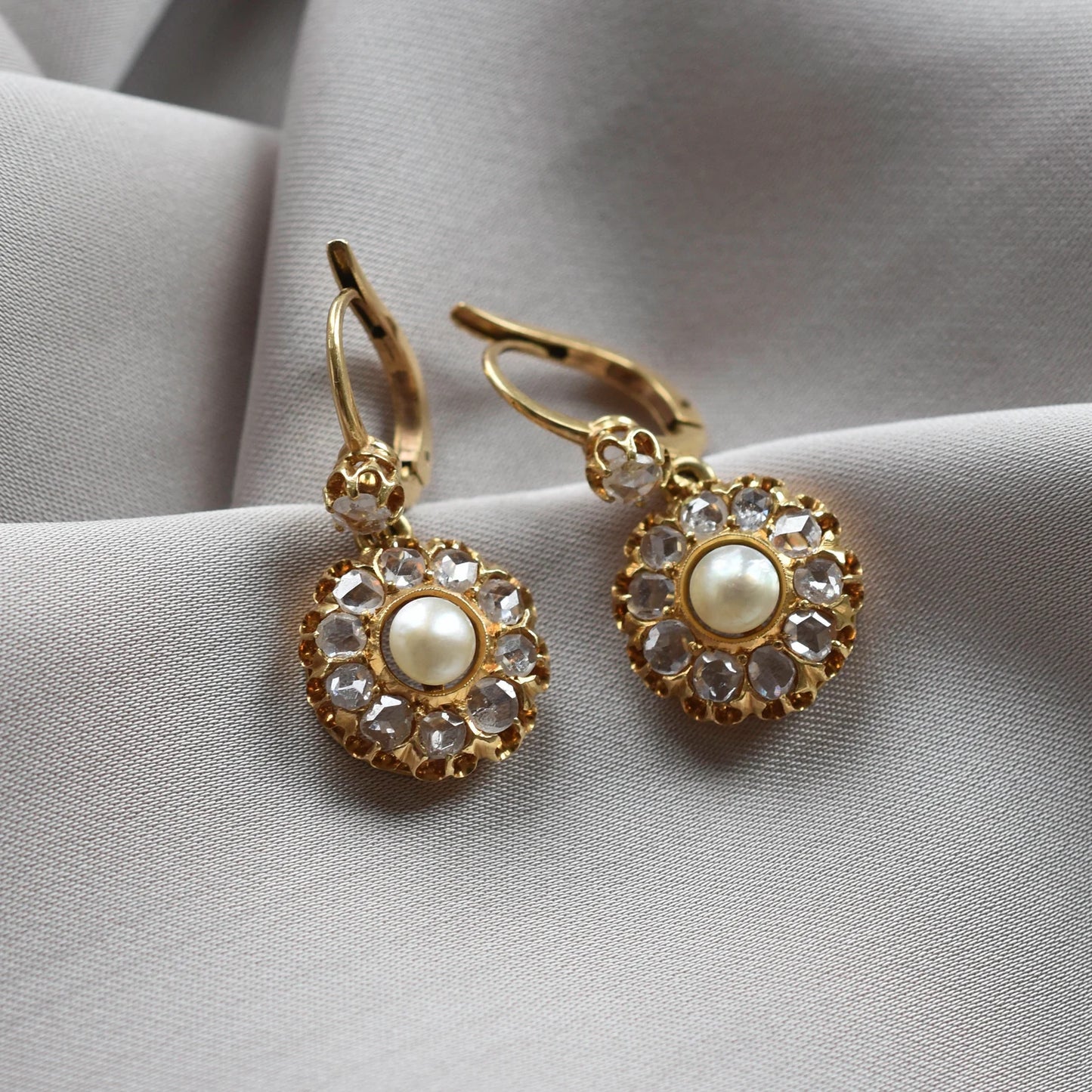 Vintage Italian Rose cut Diamond & Pearl Cluster Earrings