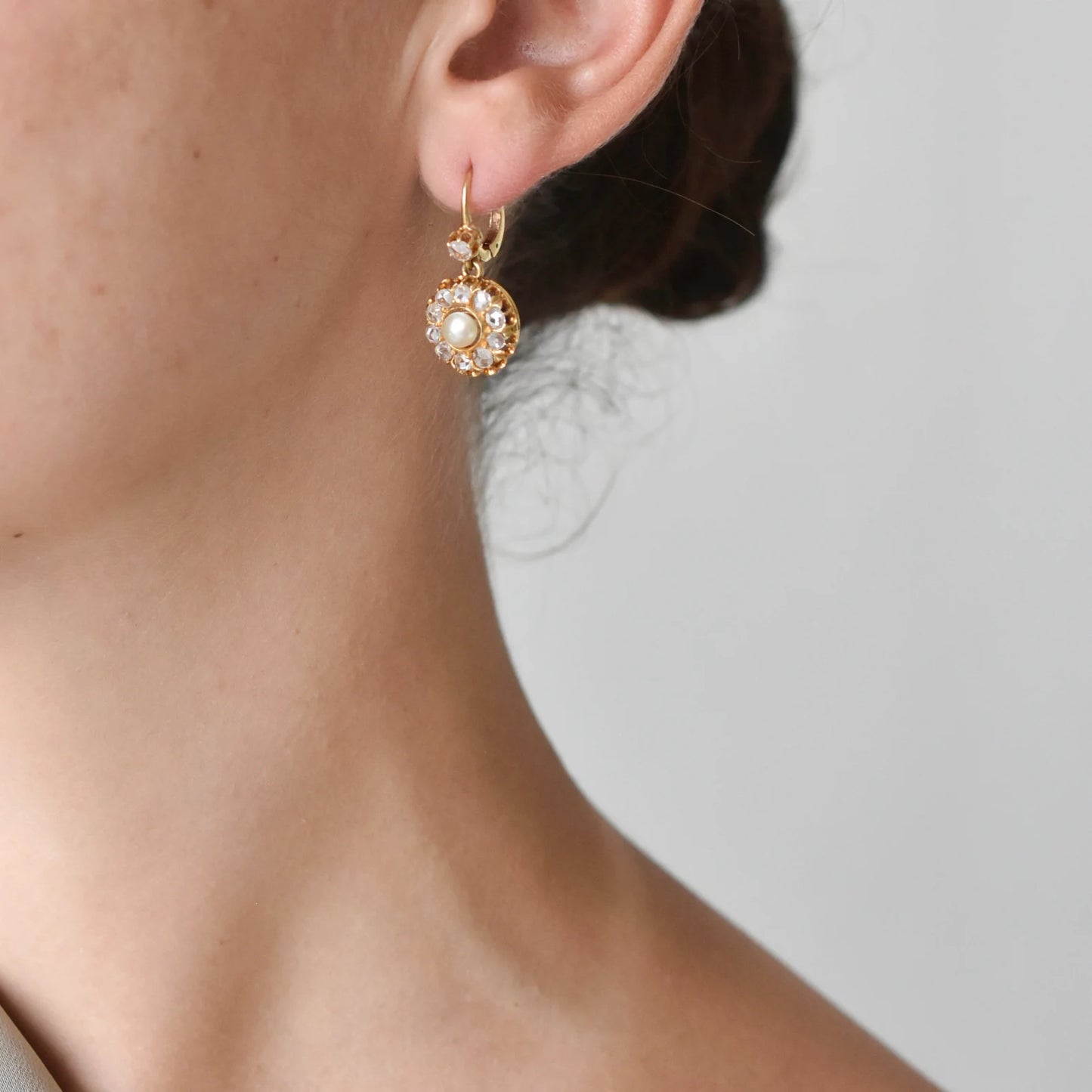 Vintage Italian Rose cut Diamond & Pearl Cluster Earrings