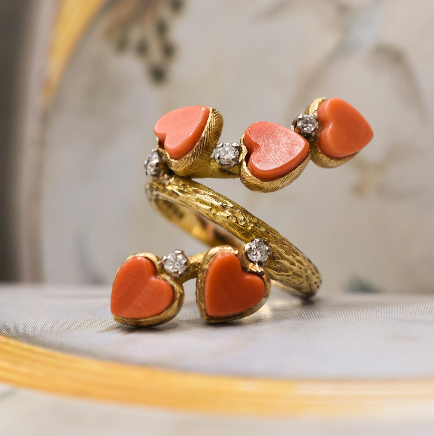 1970s Coral and Diamond 18k Gold Textured Heart Dress Ring