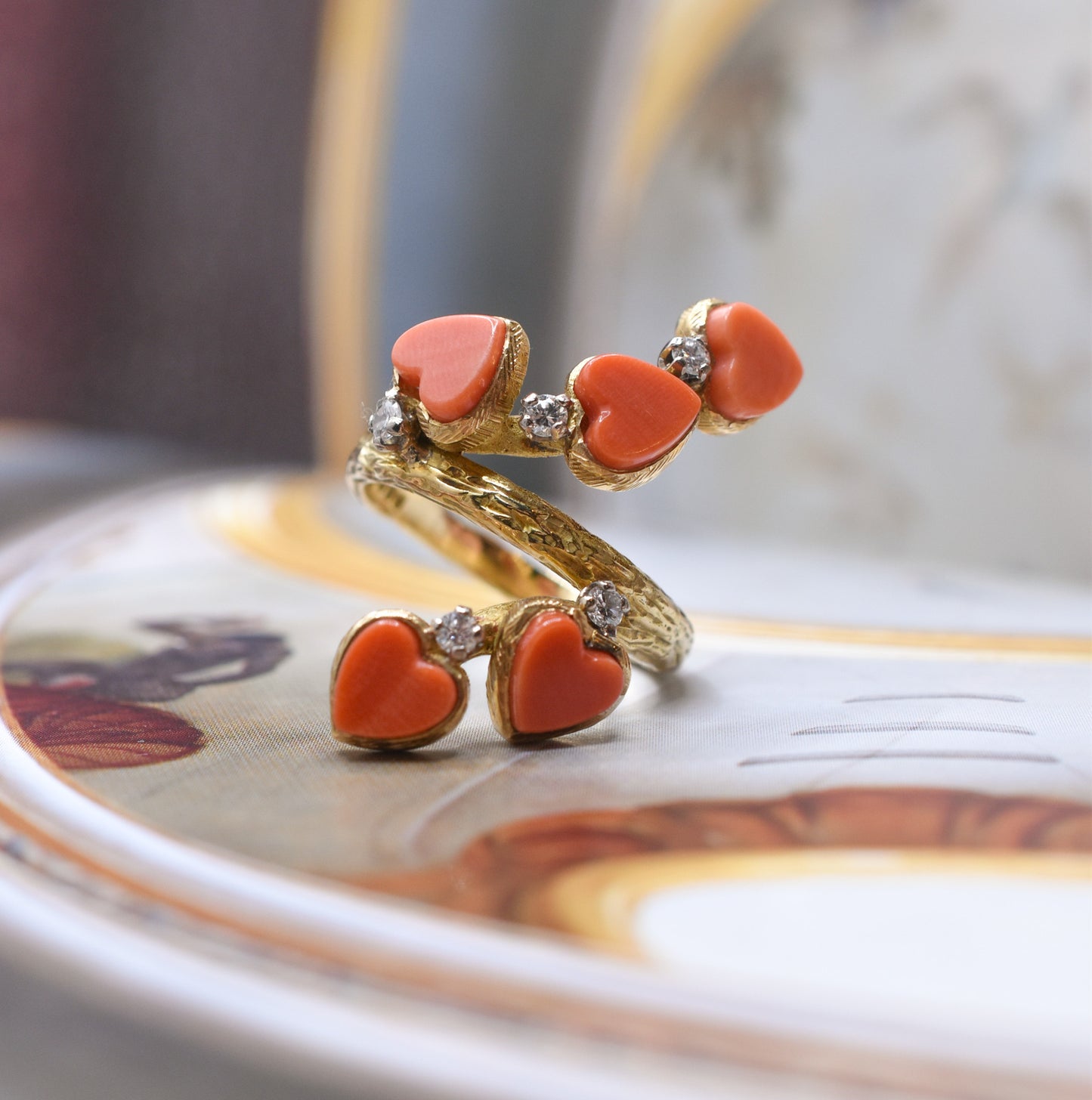 1970s Coral and Diamond 18k Gold Textured Heart Dress Ring