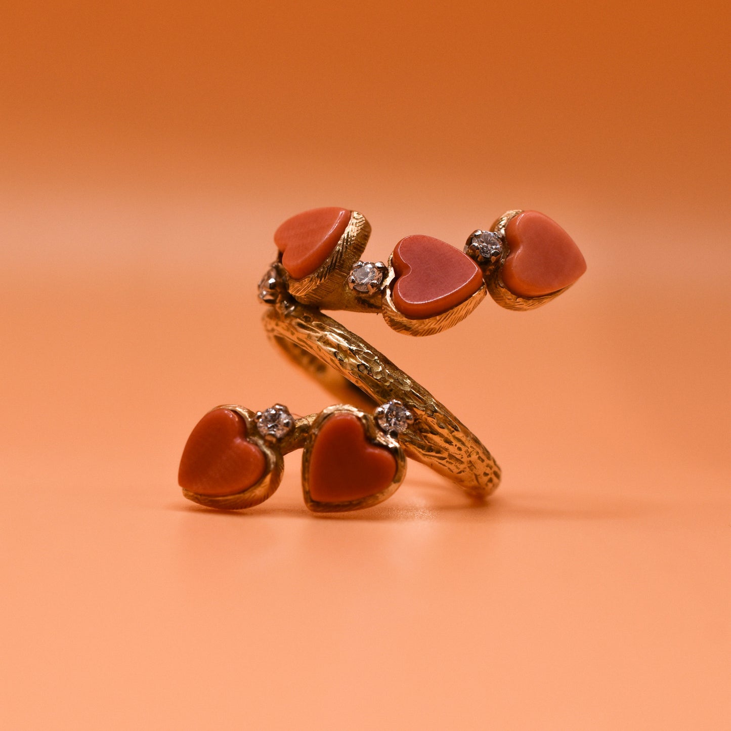 1970s Coral and Diamond 18k Gold Textured Heart Dress Ring