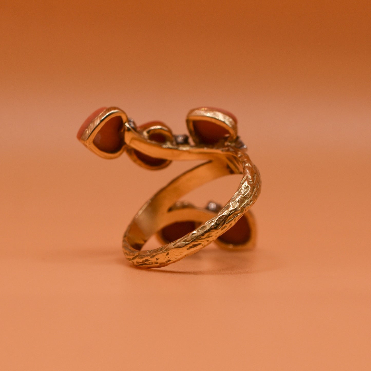 1970s Coral and Diamond 18k Gold Textured Heart Dress Ring