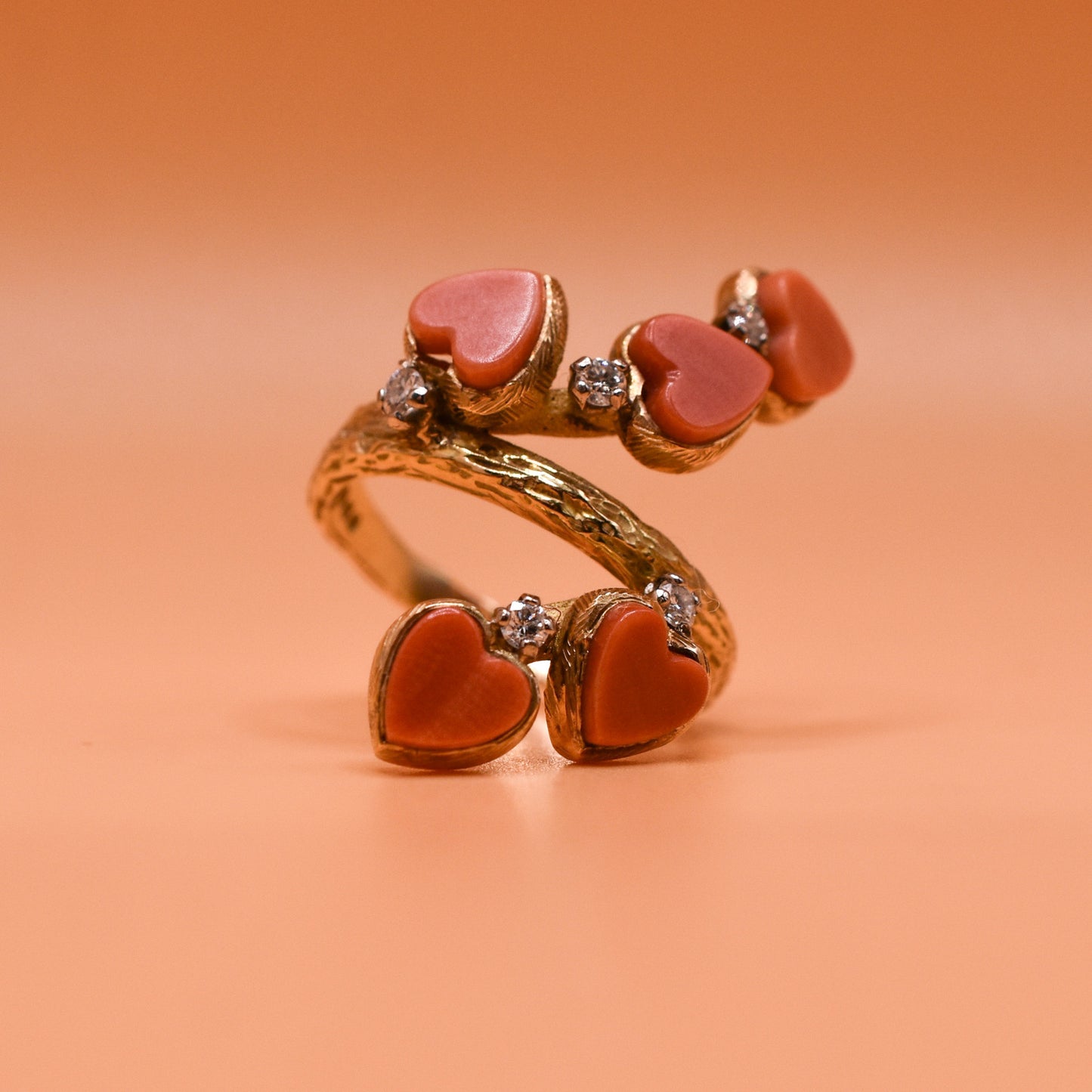 1970s Coral and Diamond 18k Gold Textured Heart Dress Ring