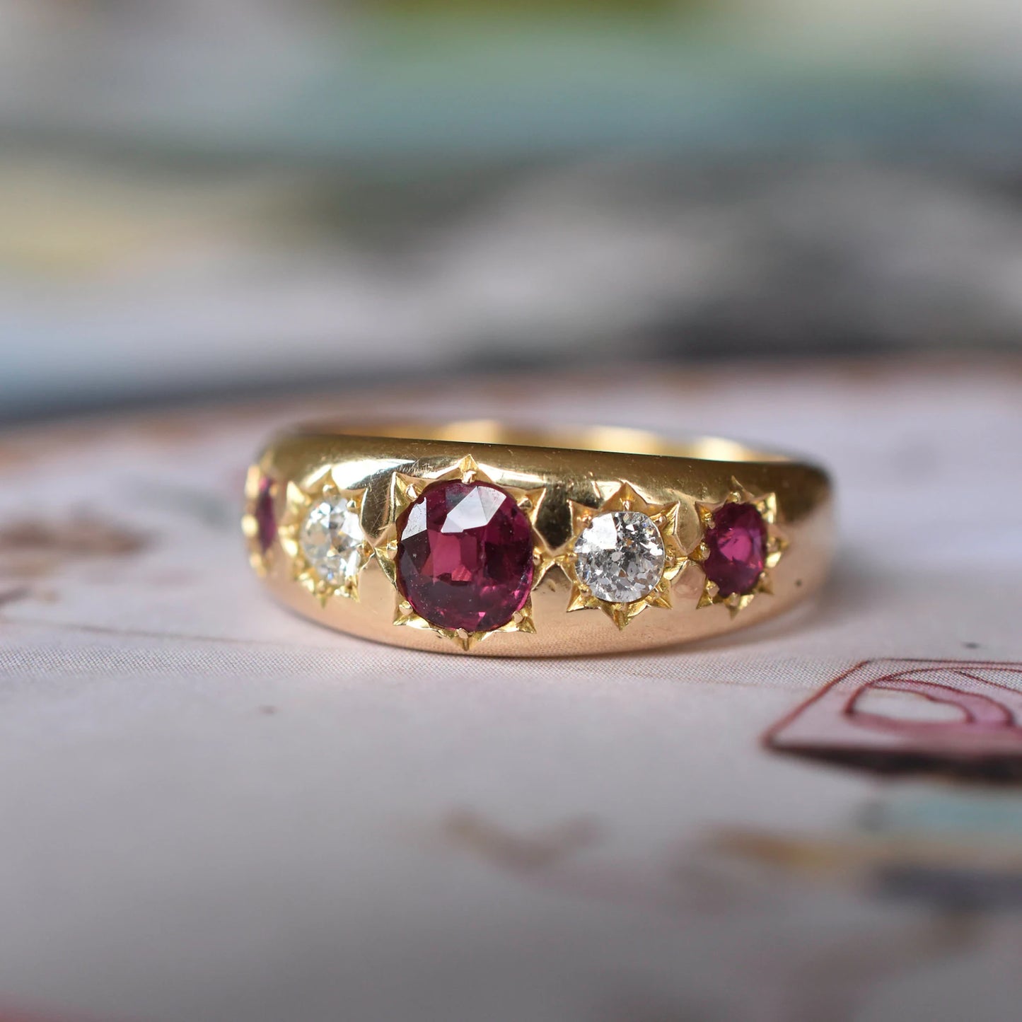 Antique Edwardian 18k Gold Ruby Diamond Five Stone " Gypsy" Ring