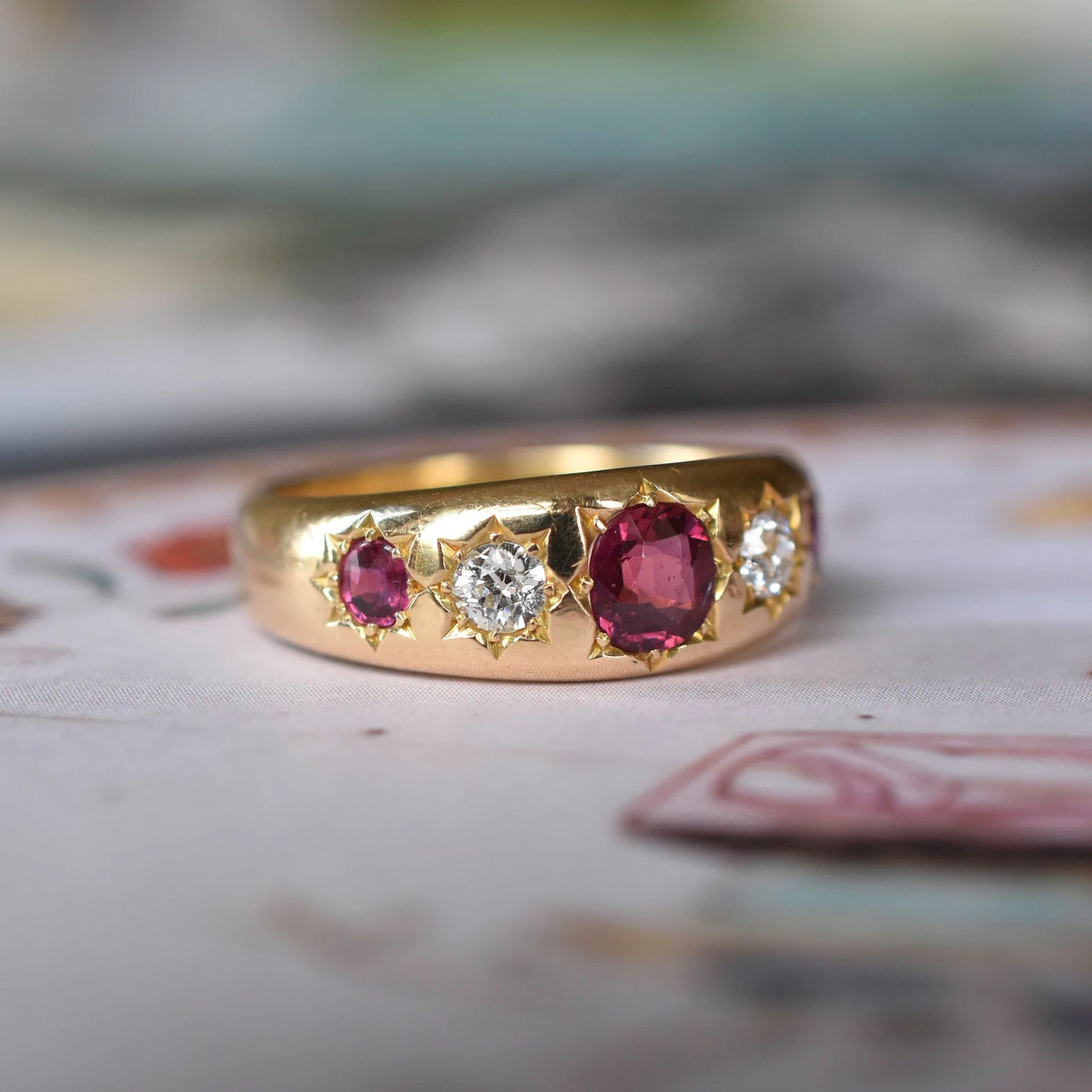 Antique Edwardian 18k Gold Ruby Diamond Five Stone " Gypsy" Ring