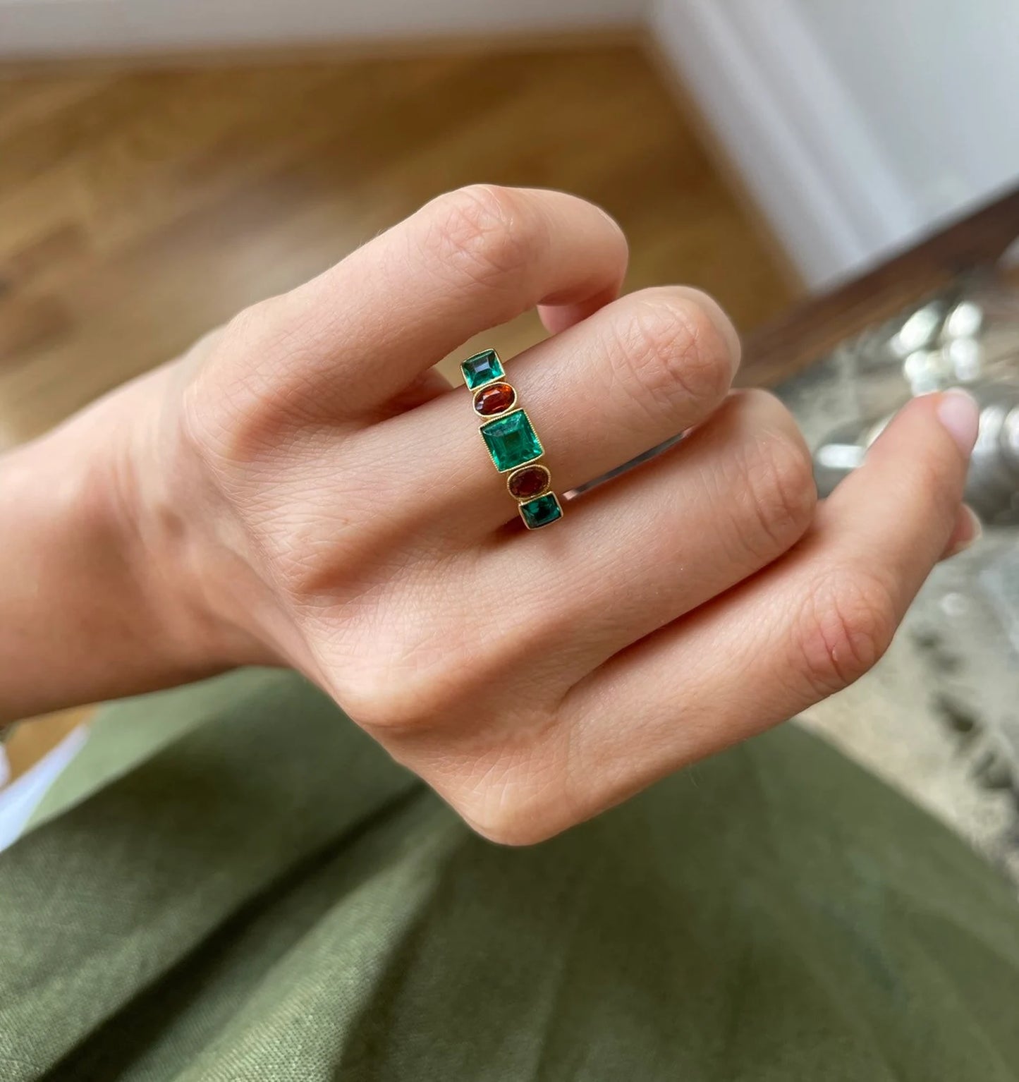 Vintage Emerald And Zircon Five Stone Ring in 22k Gold