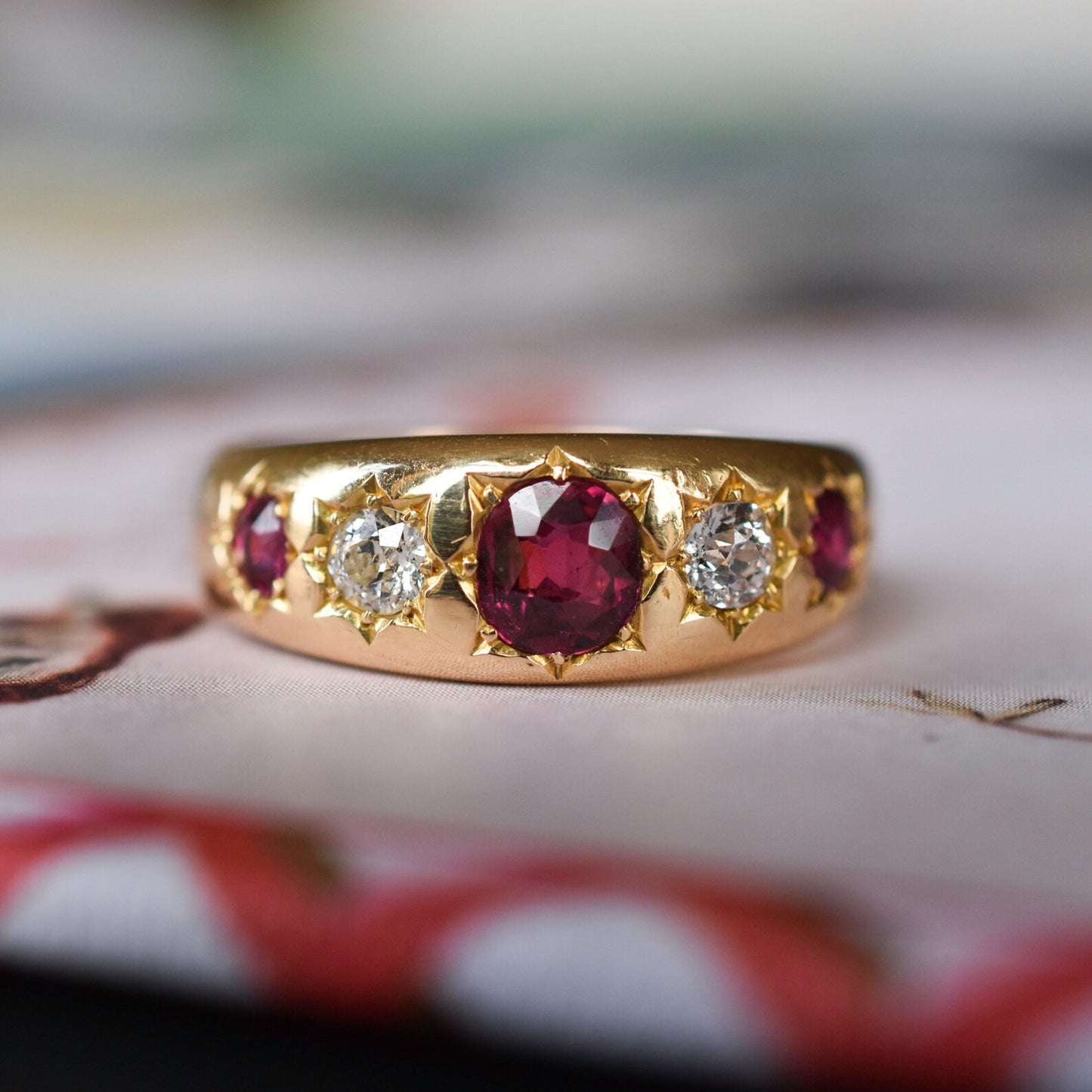 Antique Edwardian 18k Gold Ruby Diamond Five Stone " Gypsy" Ring