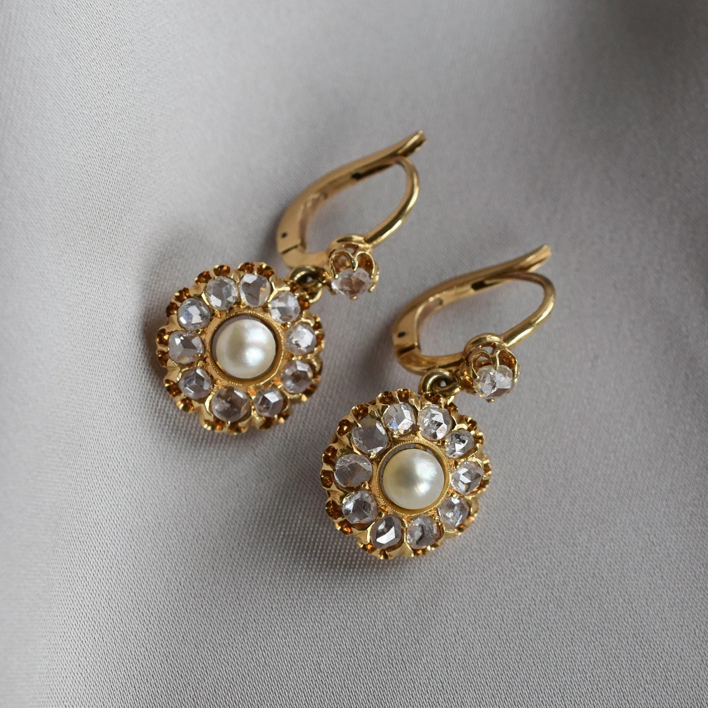 Vintage Italian Rose cut Diamond & Pearl Cluster Earrings