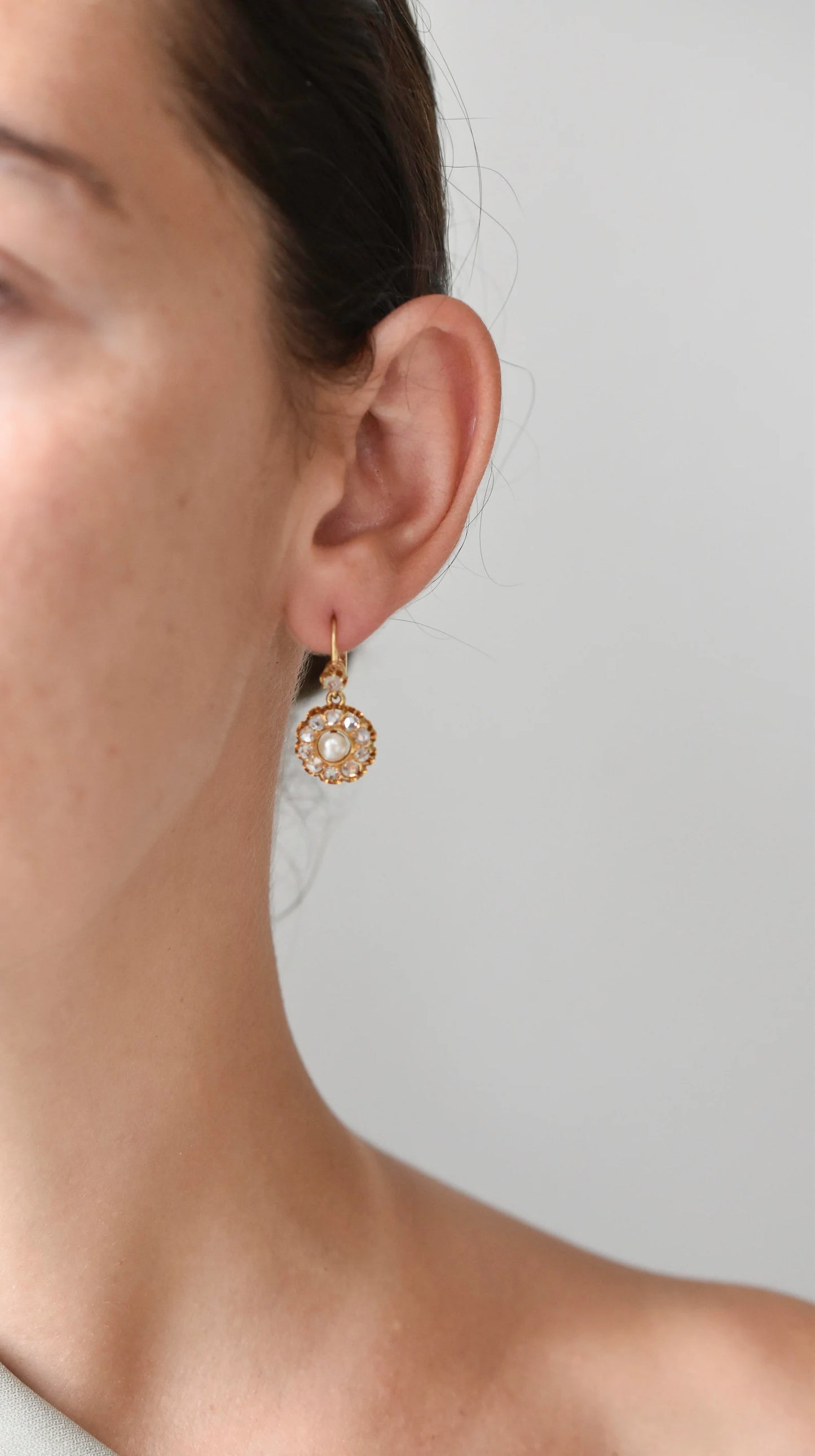 Vintage Italian Rose cut Diamond & Pearl Cluster Earrings