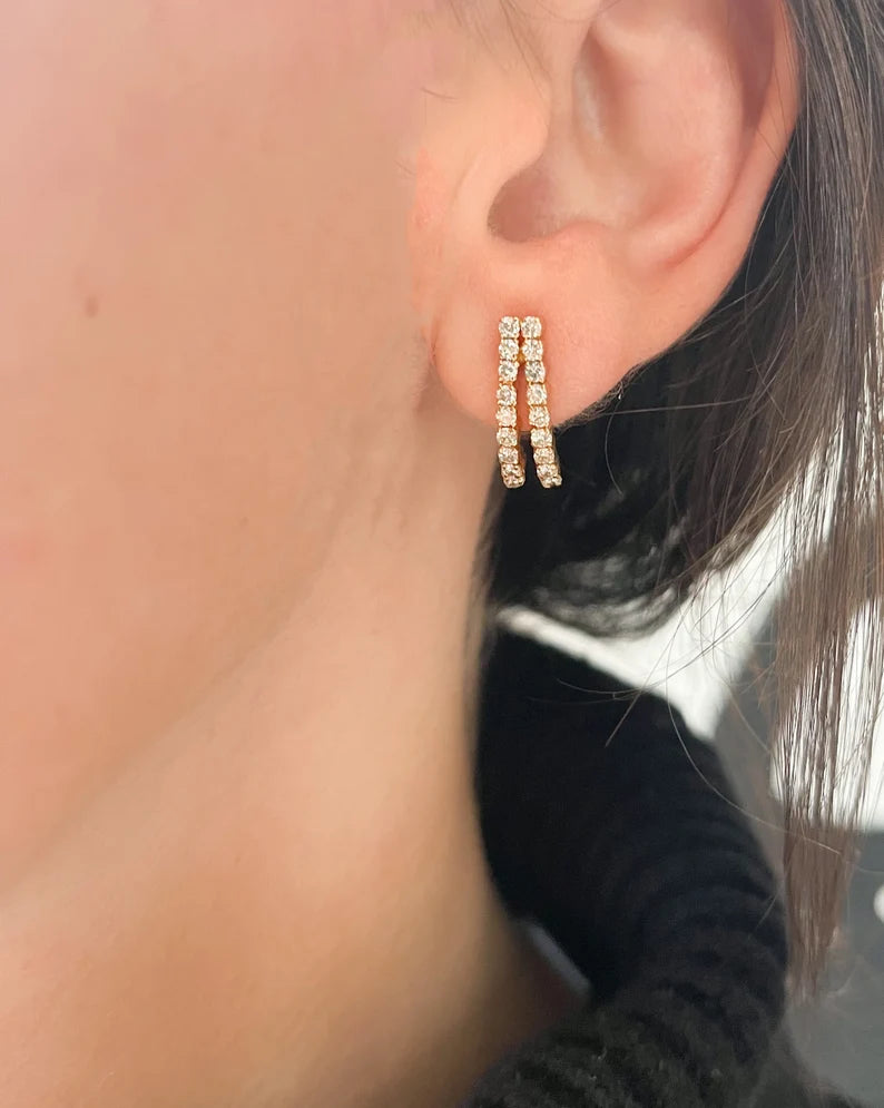 Vintage 18k Gold 1CT Diamond Double Row Earrings