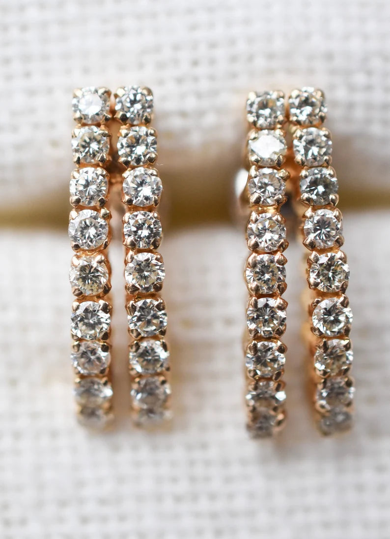 Vintage 18k Gold 1CT Diamond Double Row Earrings