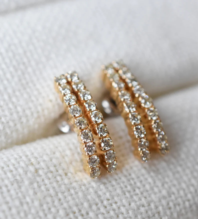 Vintage 18k Gold 1CT Diamond Double Row Earrings