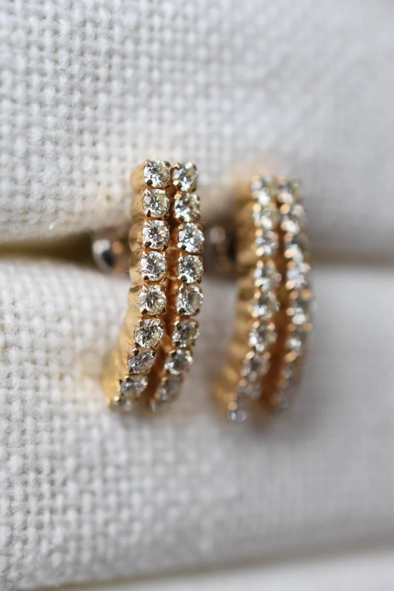 Vintage 18k Gold 1CT Diamond Double Row Earrings