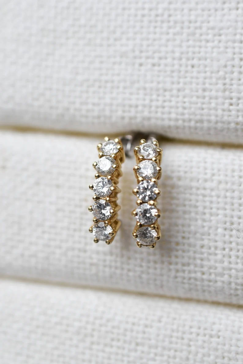 Vintage Italian 1CT Diamond Half Hoop Earrings in 18k Yellow and White Gold