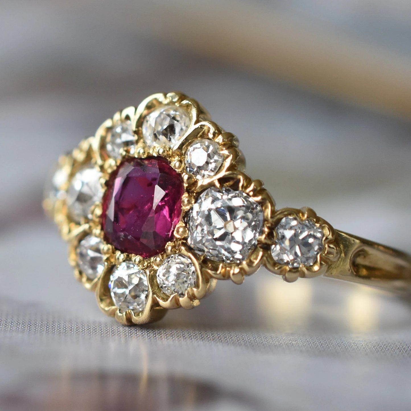 Vintage Thai Ruby and Diamond Flower Cluster Ring