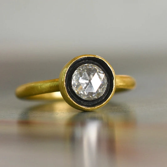 Estate 22k Gold Rose cut Diamond & Enamel Solitaire Engagement Ring