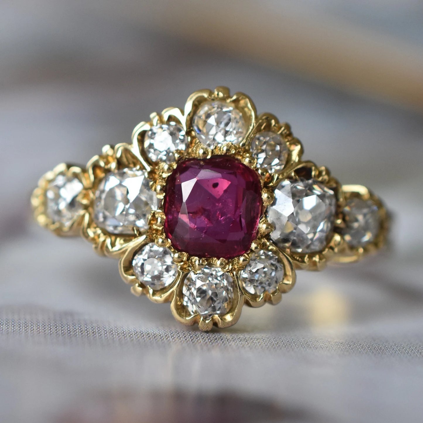 Vintage Thai Ruby and Diamond Flower Cluster Ring