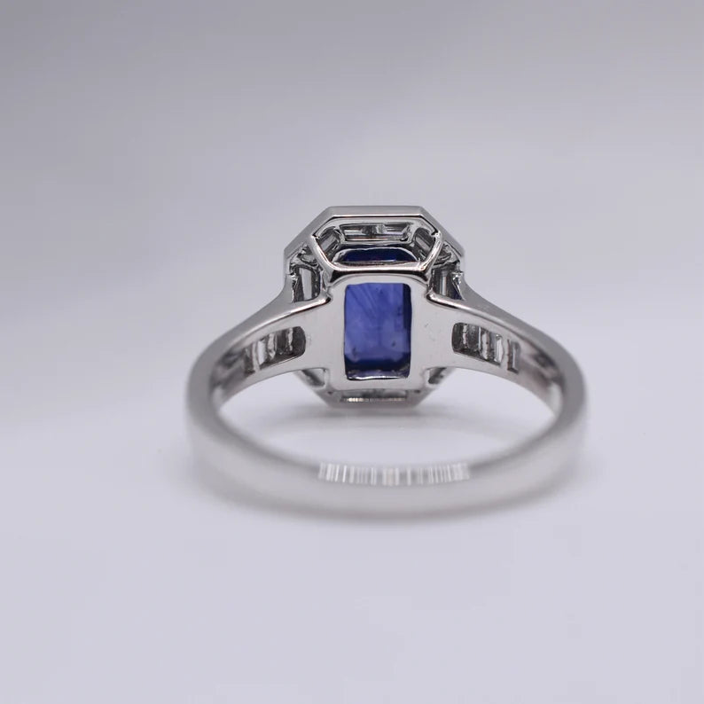 Estate Sapphire and Baguette-cut Diamond Platinum Engagement Ring
