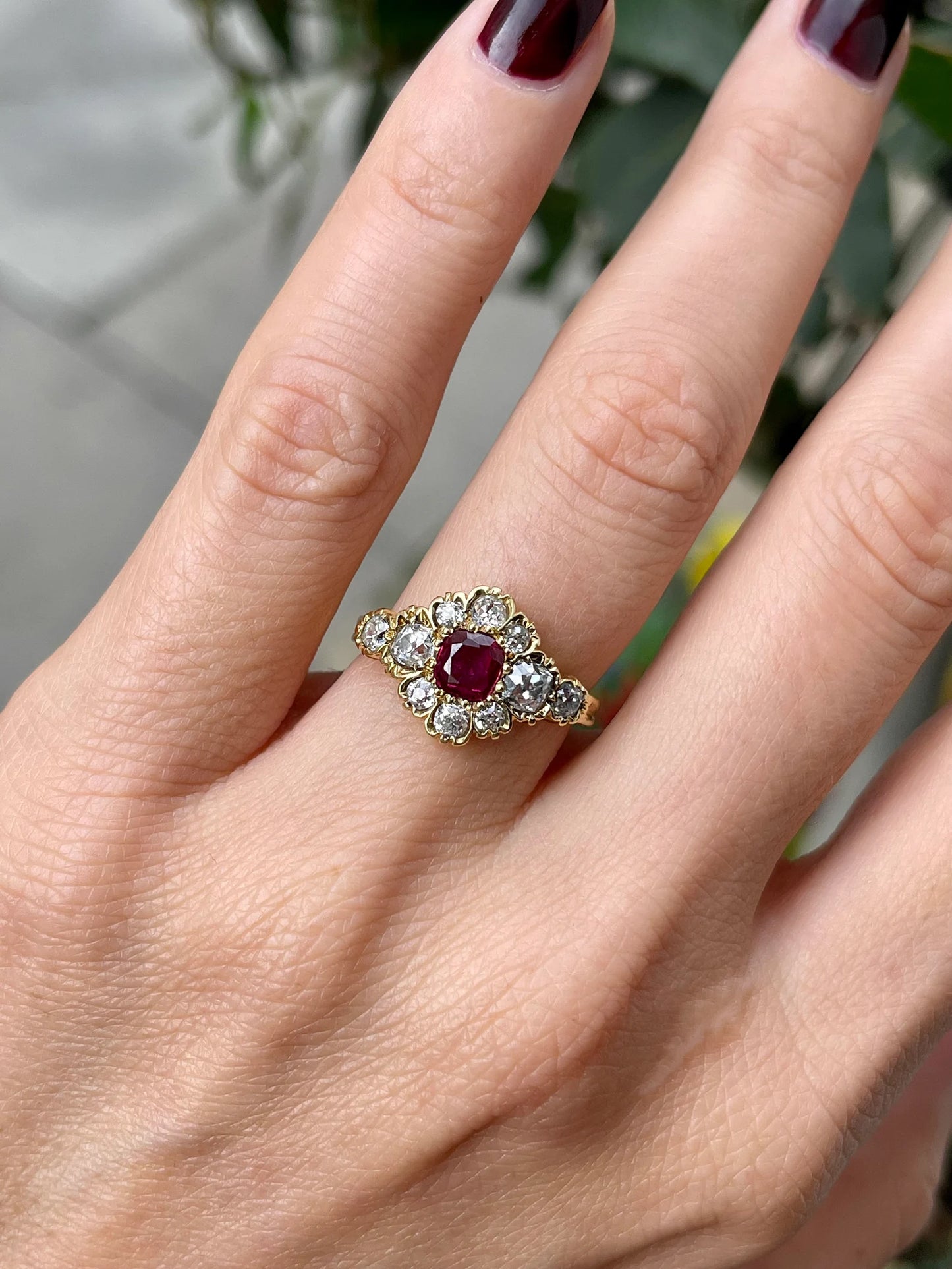 Vintage Thai Ruby and Diamond Flower Cluster Ring