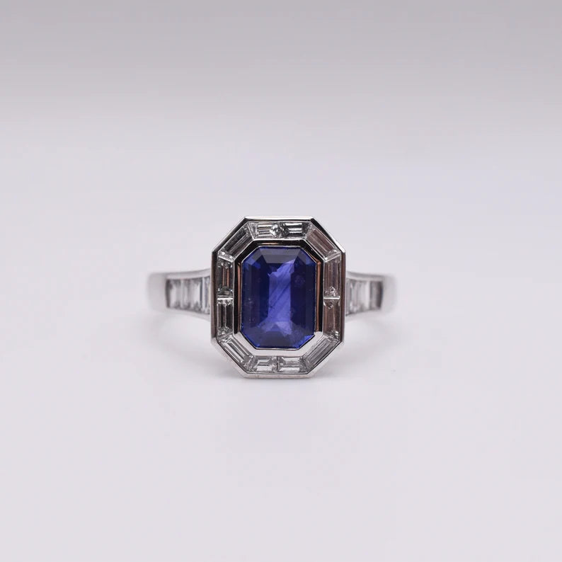 Estate Sapphire and Baguette-cut Diamond Platinum Engagement Ring