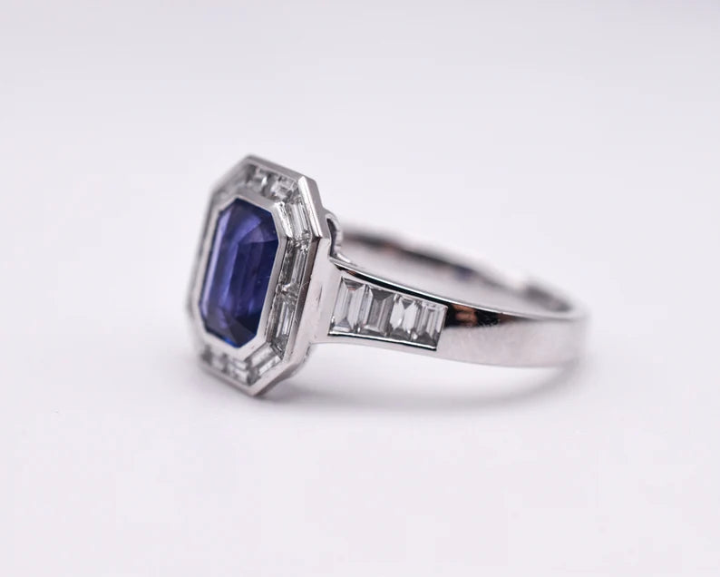 Estate Sapphire and Baguette-cut Diamond Platinum Engagement Ring