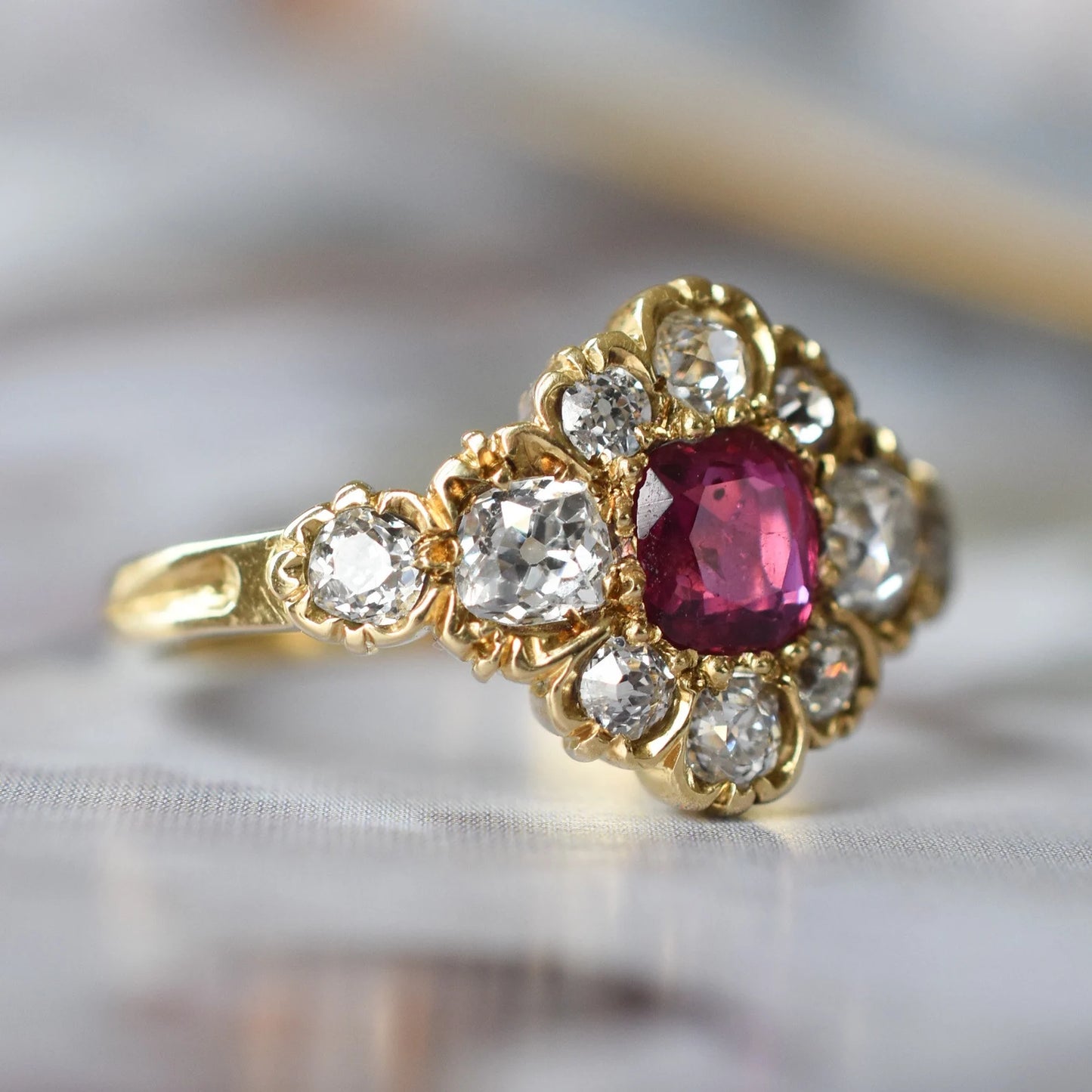 Vintage Thai Ruby and Diamond Flower Cluster Ring