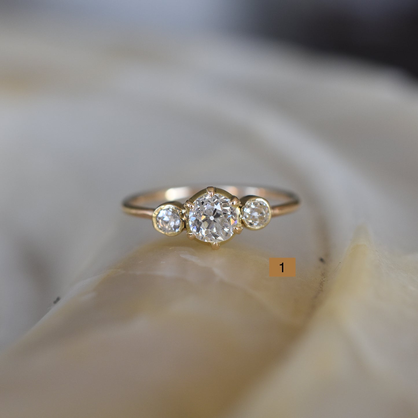 Old Cut Diamond Trilogy Diamond Engagement Rings - 18K Yellow Gold