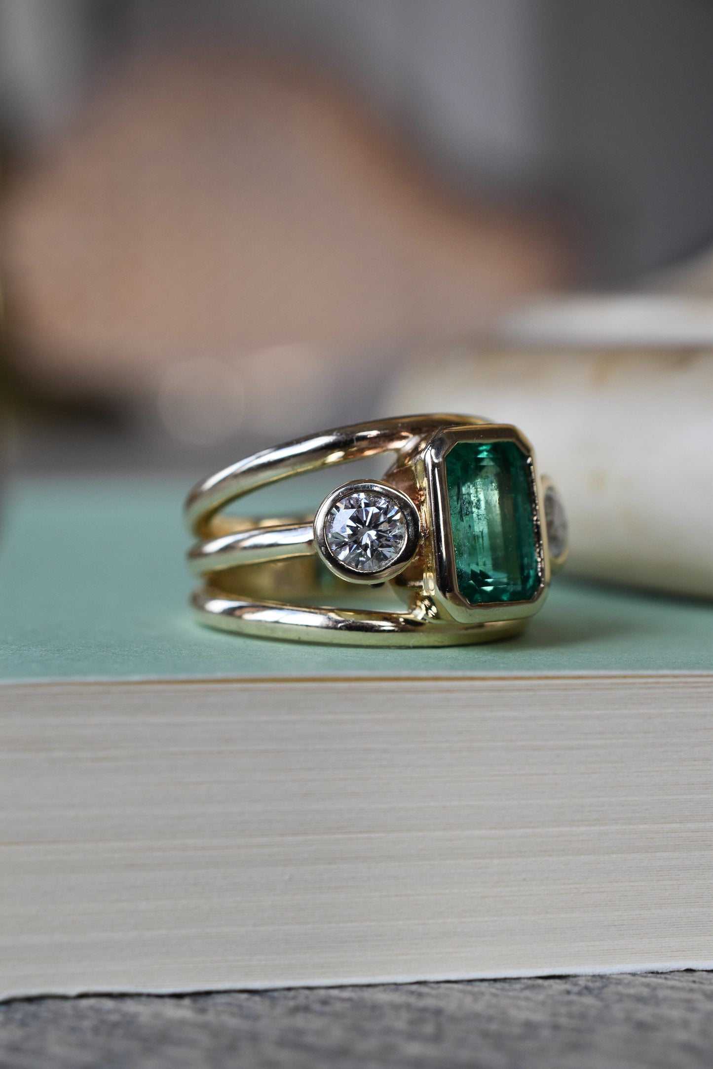 2.5ct Emerald and Diamond Trilogy Ring - Three Row Band