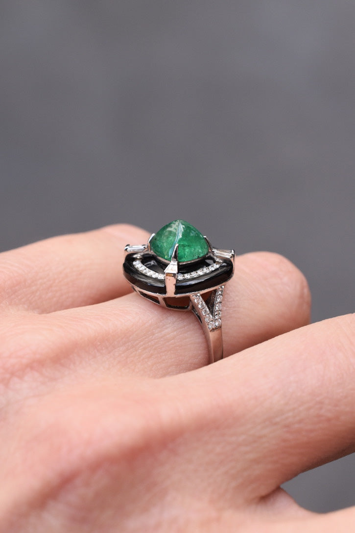 Vintage 2.50ct Emerald, Onyx and Diamond Ring in 18k White Gold