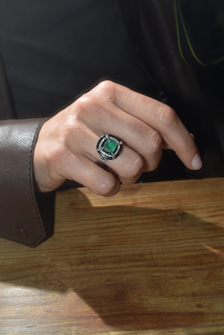 Vintage 2.50ct Emerald, Onyx and Diamond Ring in 18k White Gold