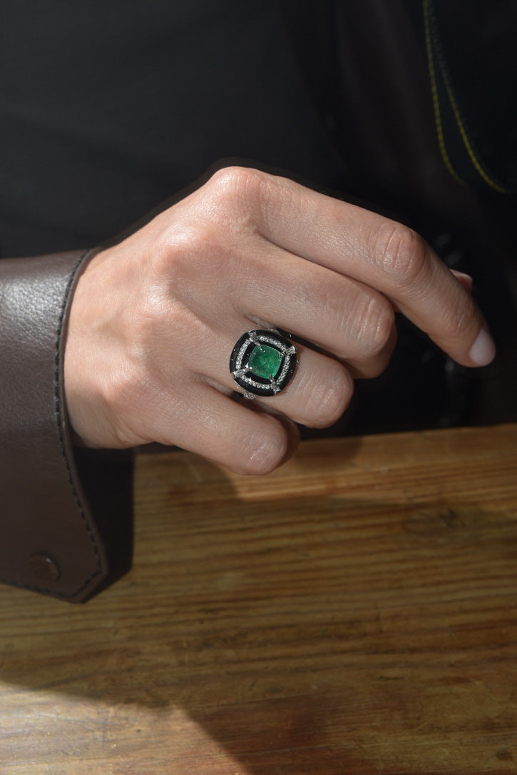Vintage 2.50ct Emerald, Onyx and Diamond Ring in 18k White Gold