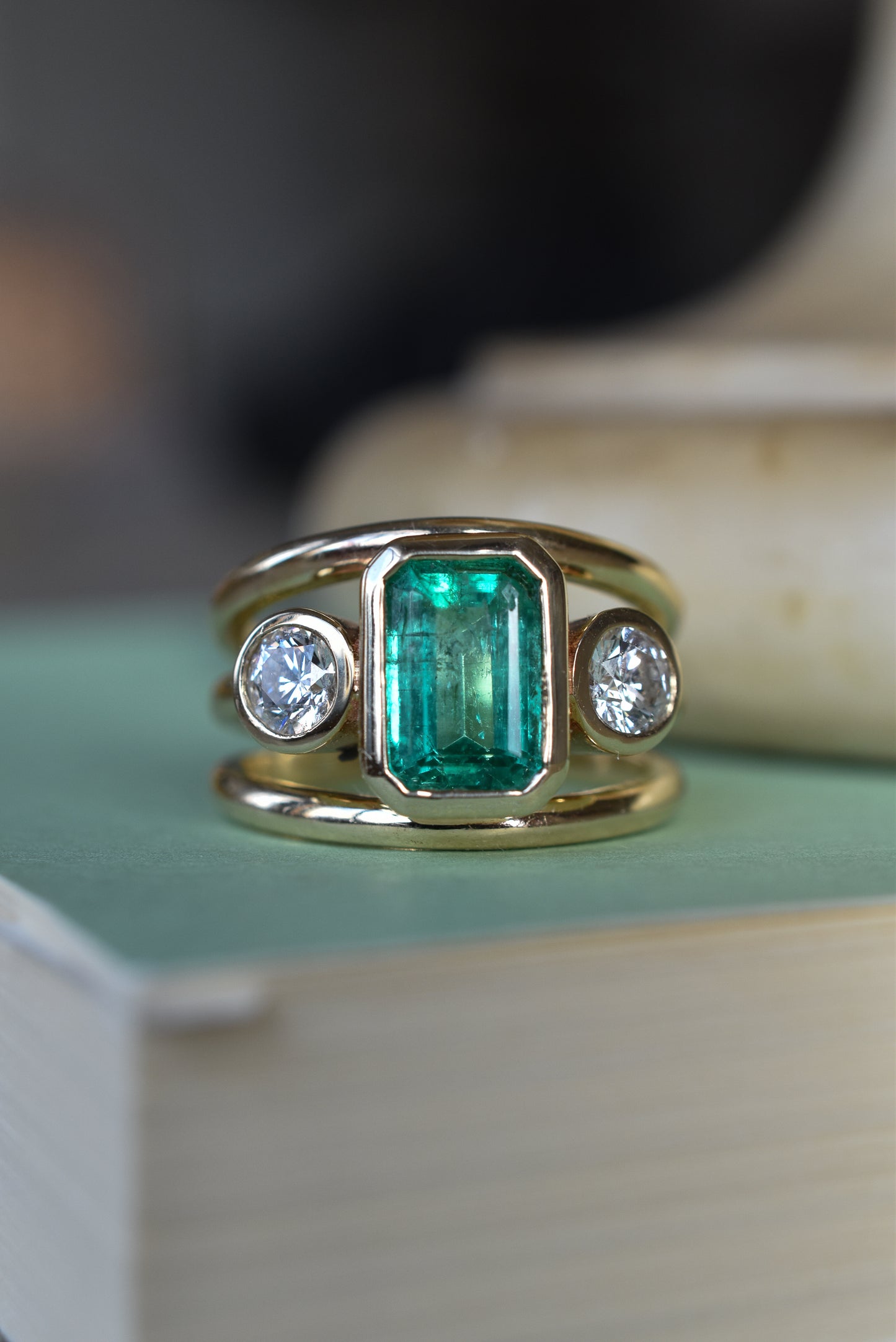 2.5ct Emerald and Diamond Trilogy Ring - Three Row Band
