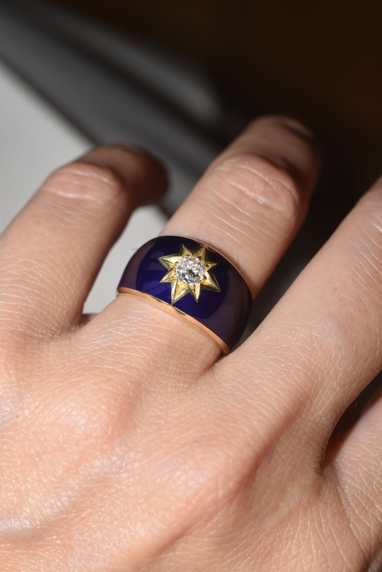 Old Mine cut Diamond and Blue Enamel Celestial ‘Star’ Ring in 18k Yellow Gold