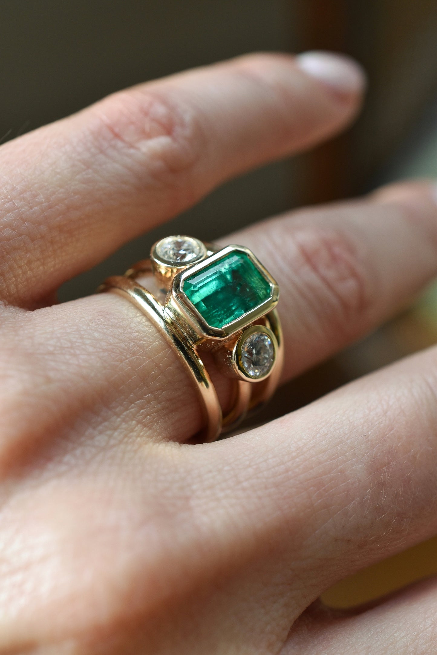 2.5ct Emerald and Diamond Trilogy Ring - Three Row Band