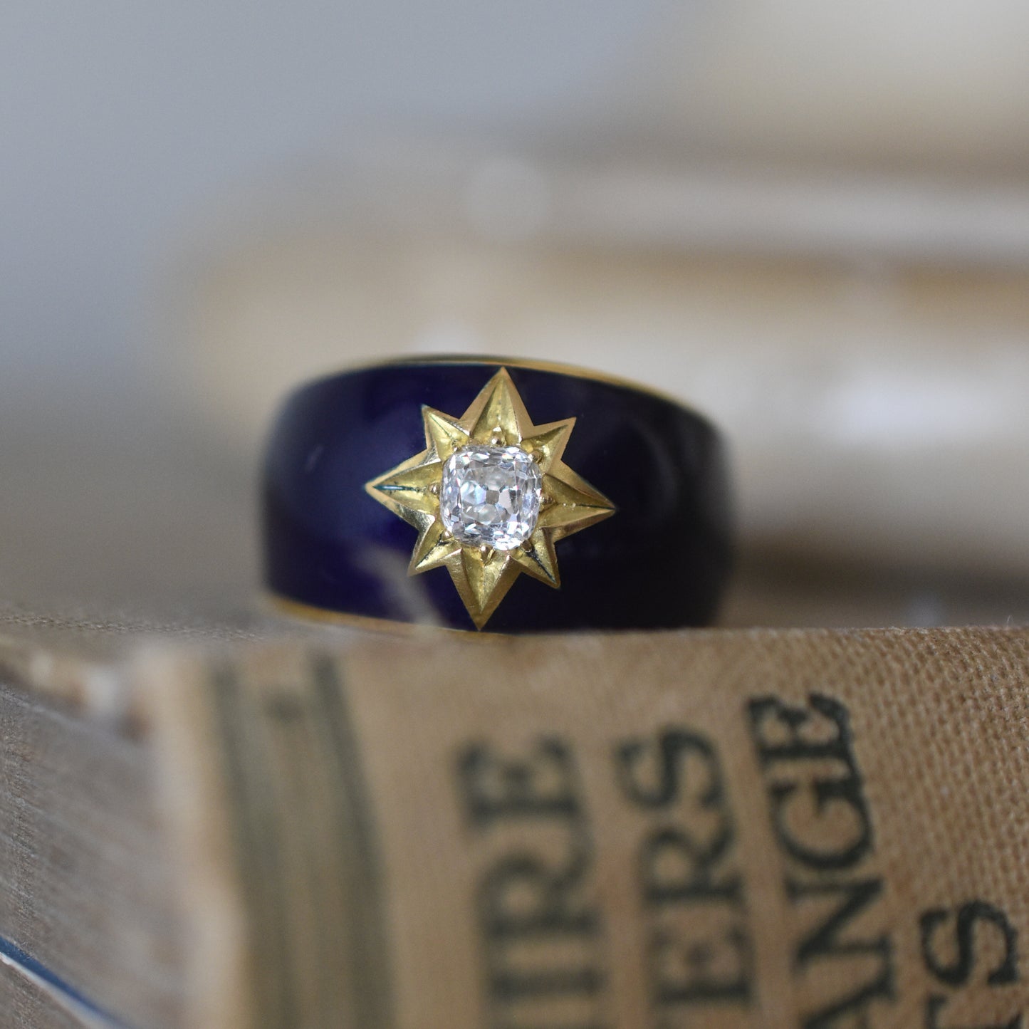 Old Mine cut Diamond and Blue Enamel Celestial ‘Star’ Ring in 18k Yellow Gold