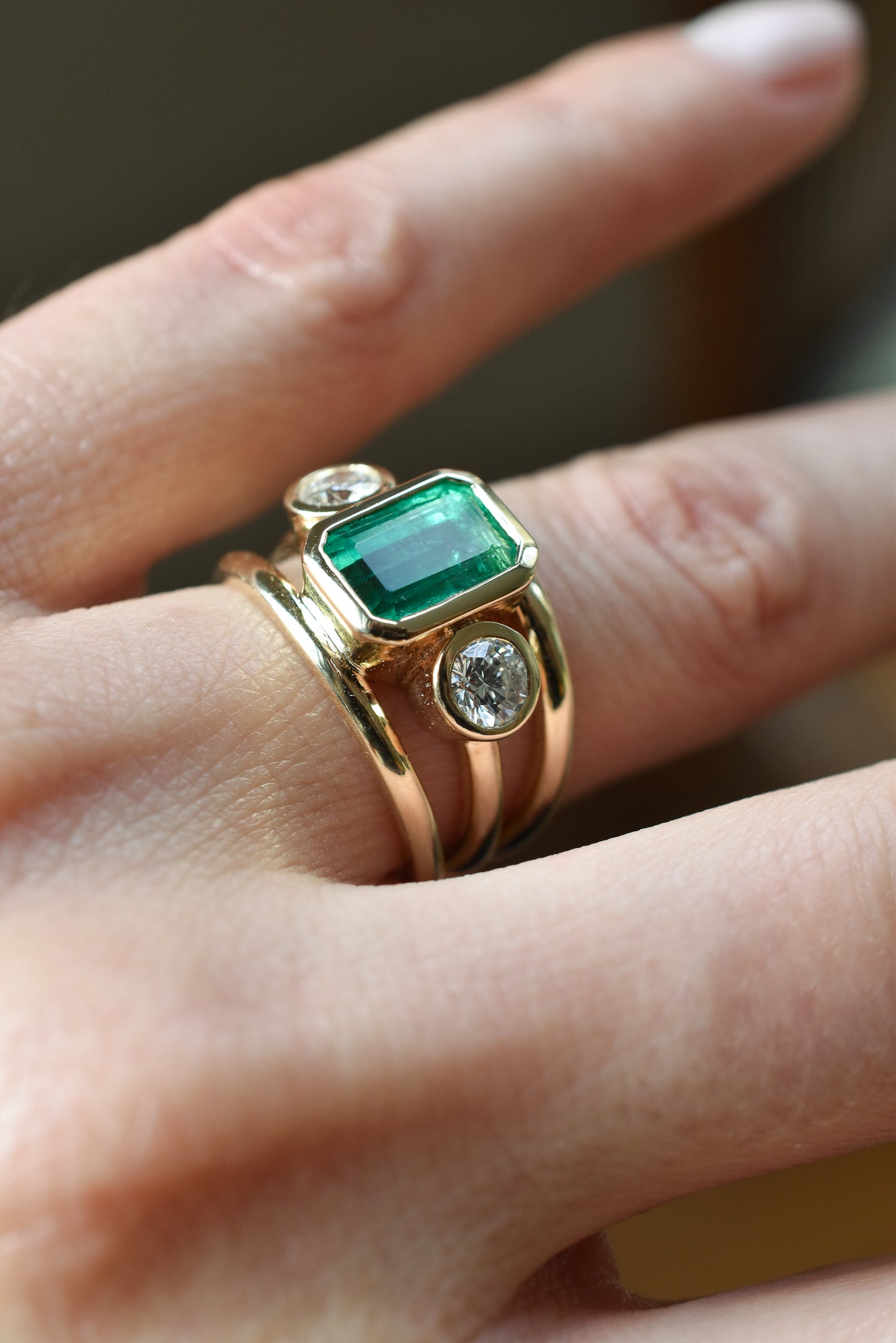 2.5ct Emerald and Diamond Trilogy Ring - Three Row Band