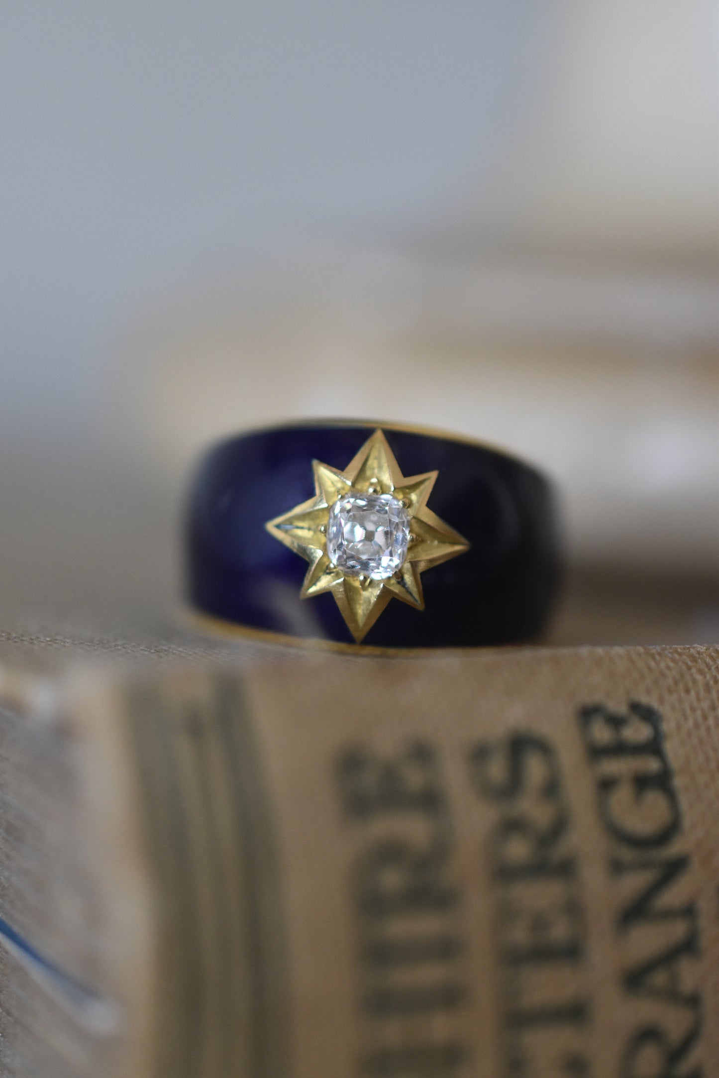 Old Mine cut Diamond and Blue Enamel Celestial ‘Star’ Ring in 18k Yellow Gold