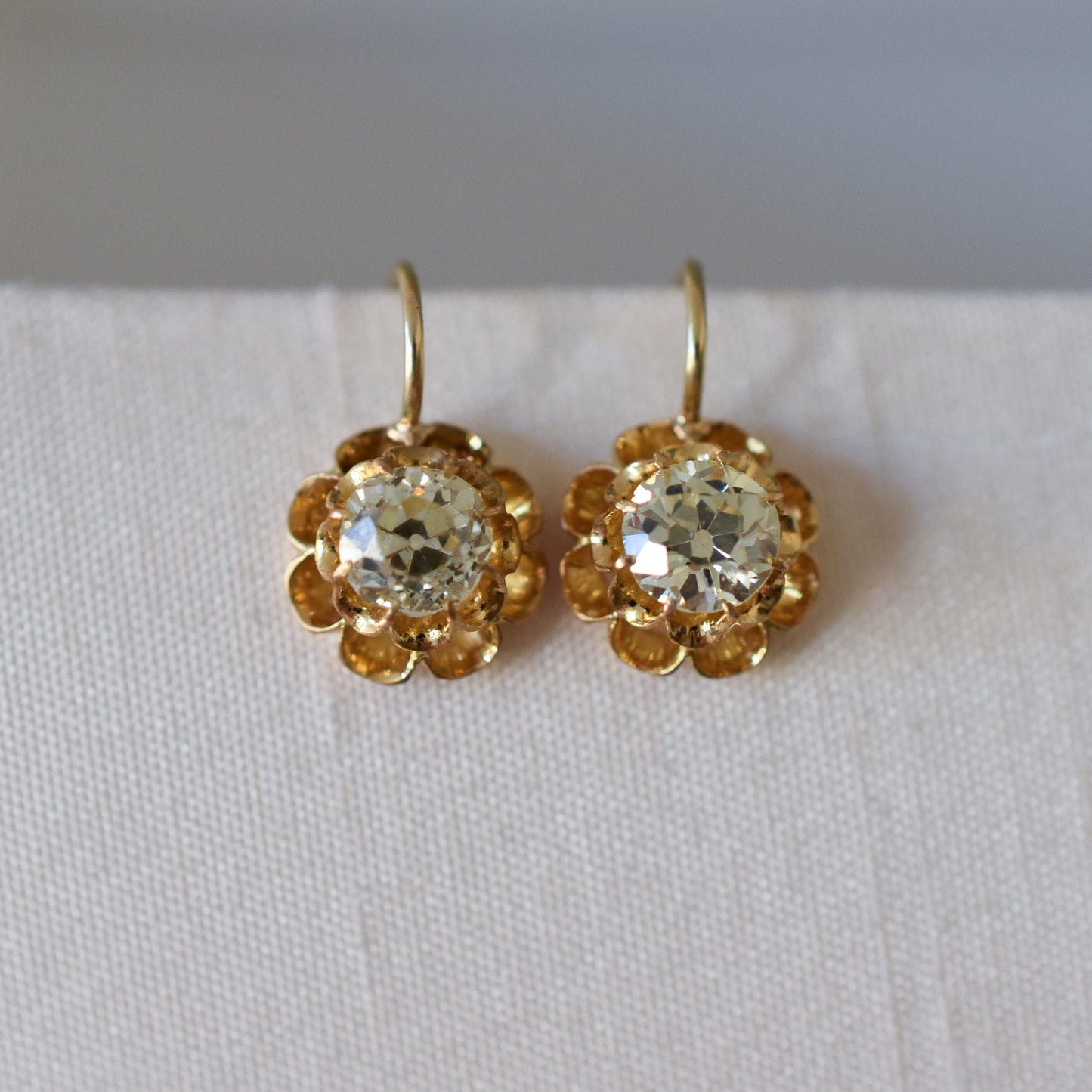 1.00ct Antique 18ct Gold Buttercup Solitaire Diamond Earrings - Victorian Diamond Earrings
