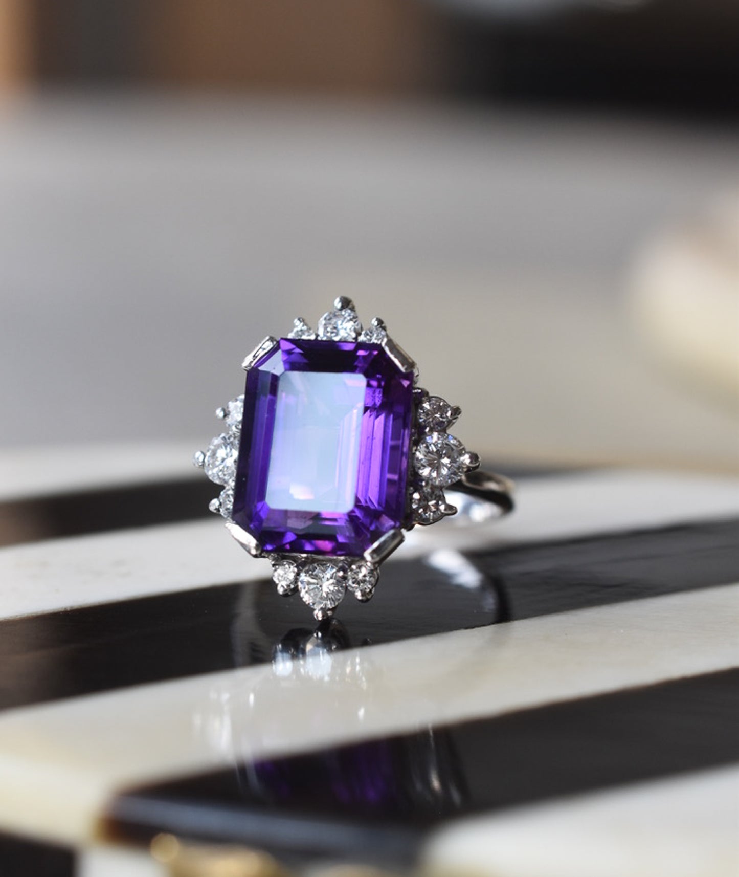 Vintage 1970s Amethyst and Diamond Cocktail Ring in 18k White Gold