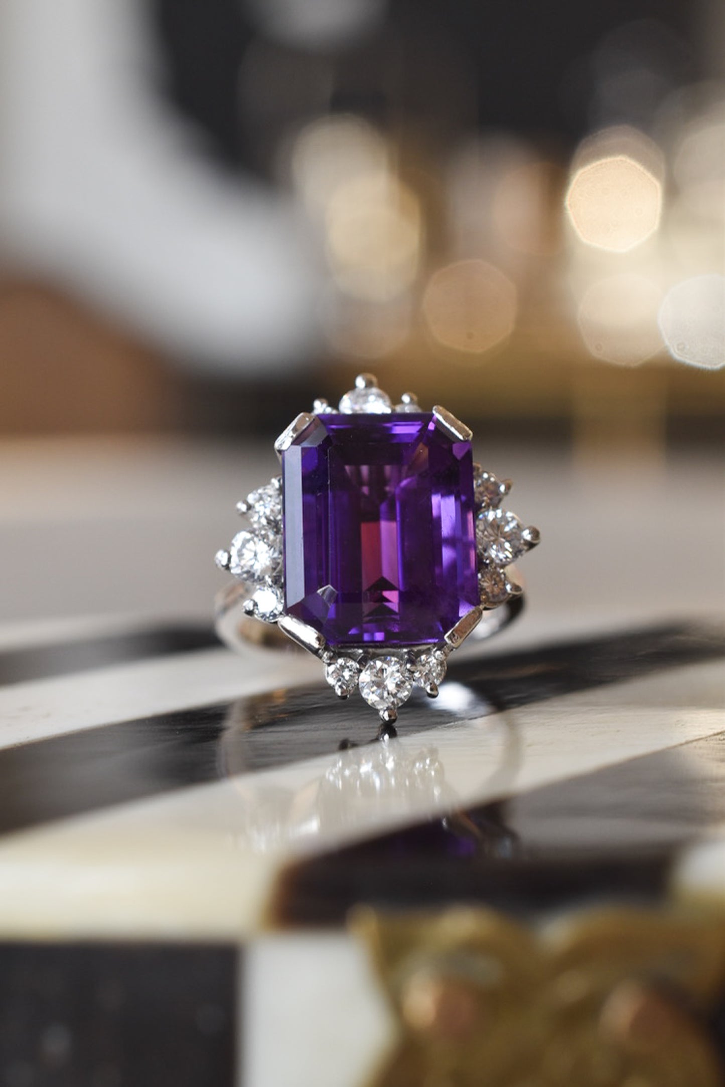 Vintage 1970s Amethyst and Diamond Cocktail Ring in 18k White Gold