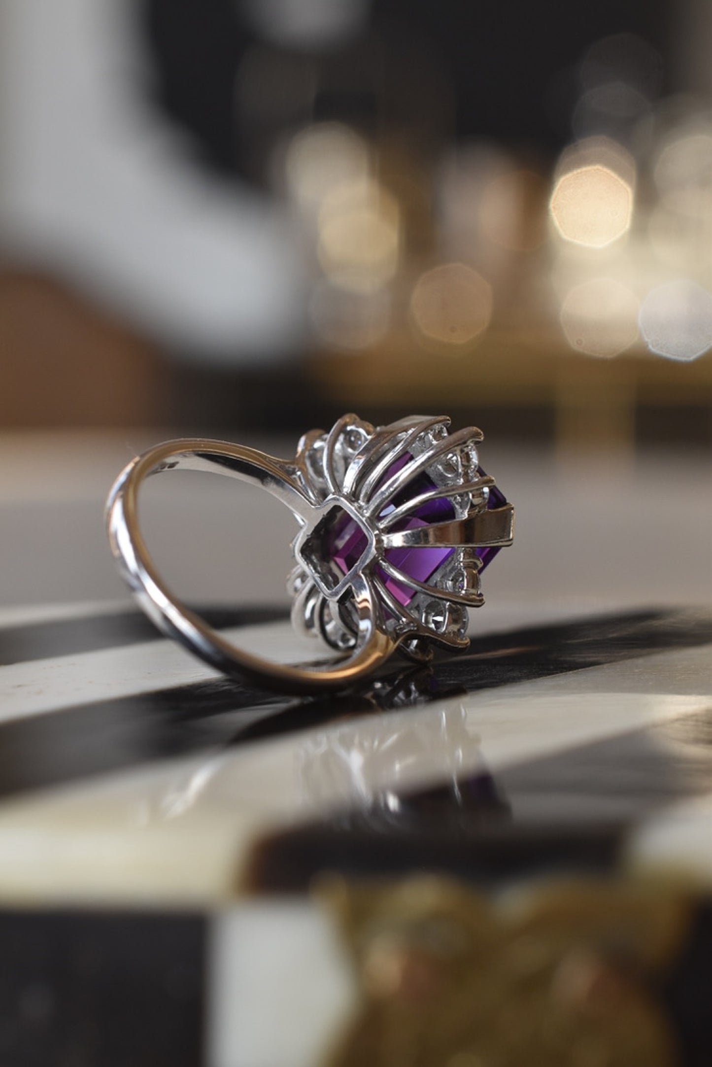 Vintage 1970s Amethyst and Diamond Cocktail Ring in 18k White Gold