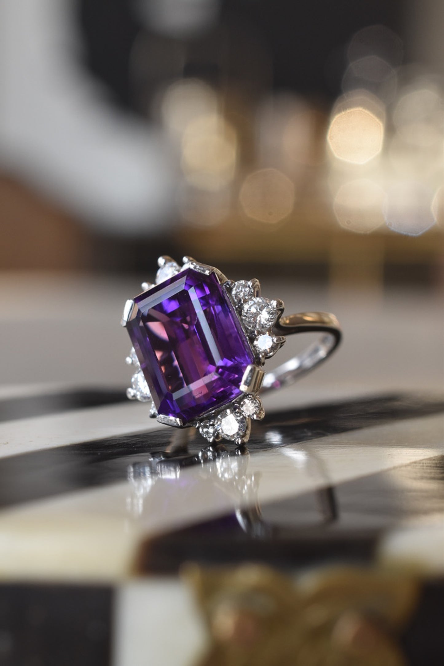 Vintage 1970s Amethyst and Diamond Cocktail Ring in 18k White Gold
