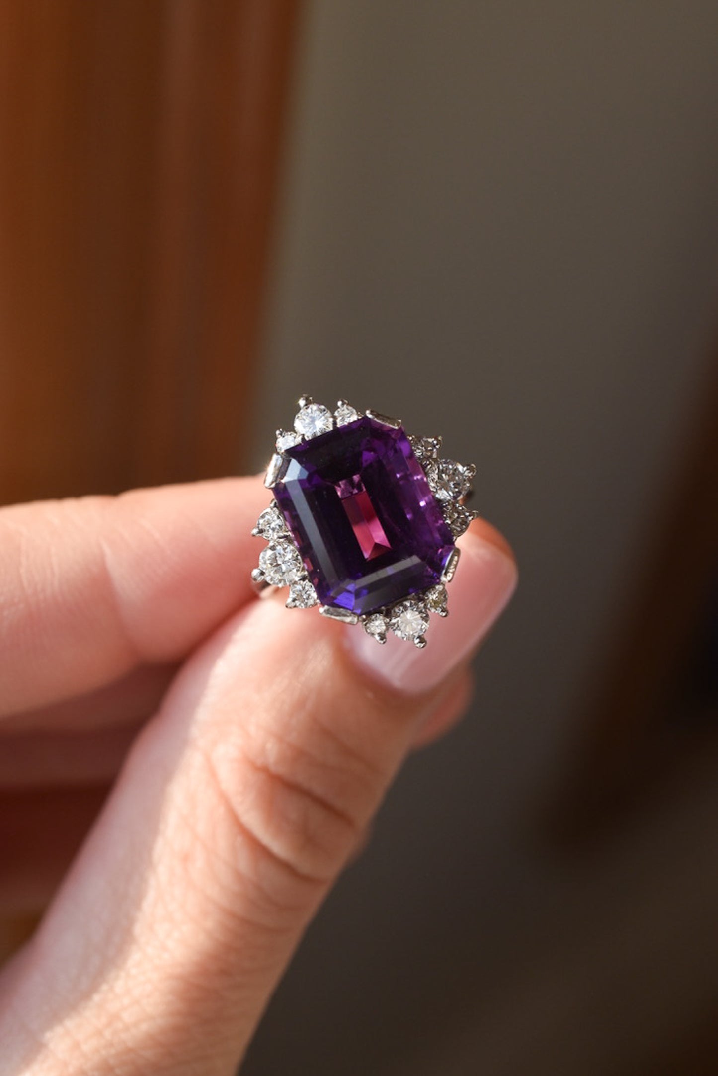 Vintage 1970s Amethyst and Diamond Cocktail Ring in 18k White Gold