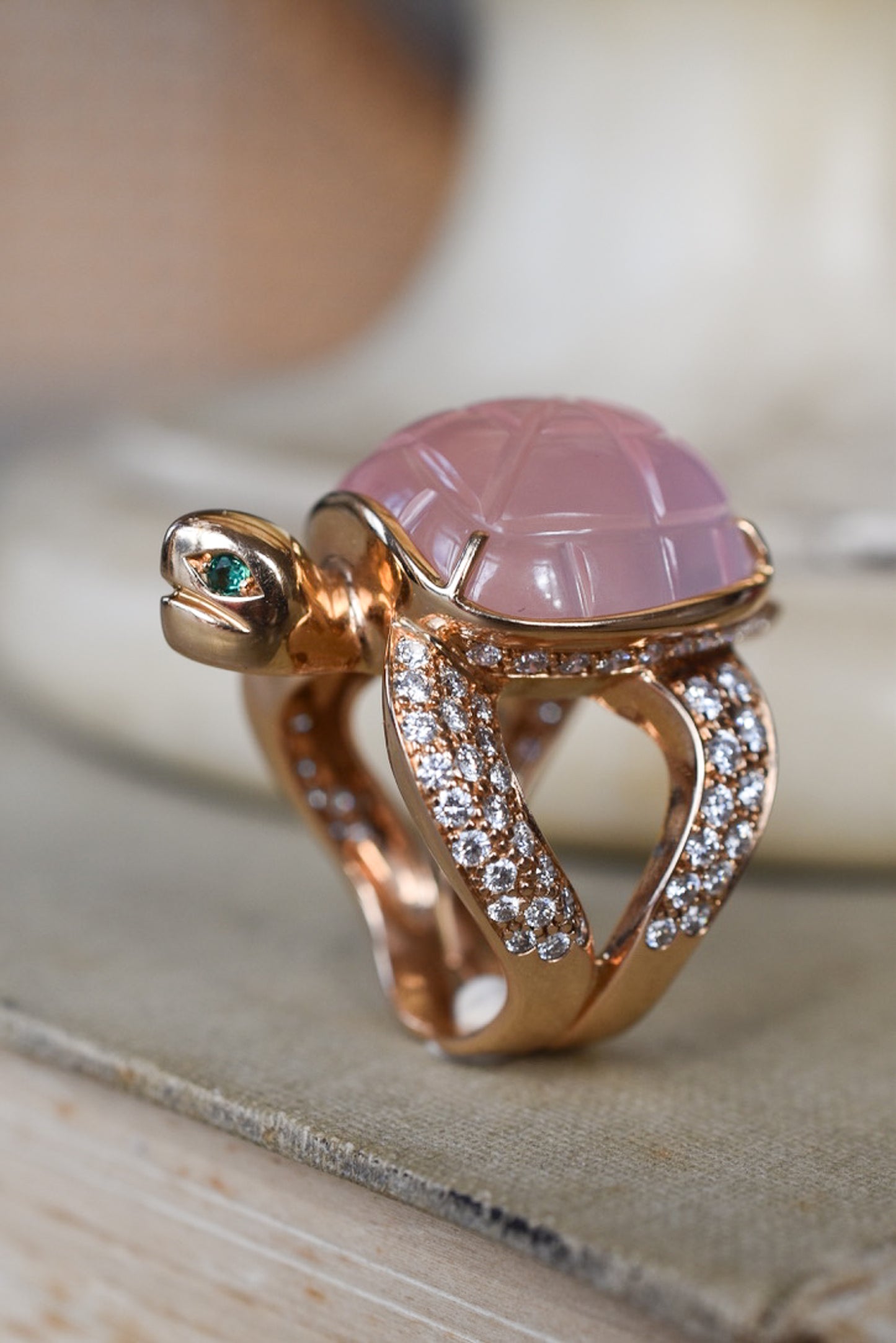 Boucheron 'Honu' Rose Quartz and Diamond Sea Turtle Ring in 18k Yellow Gold