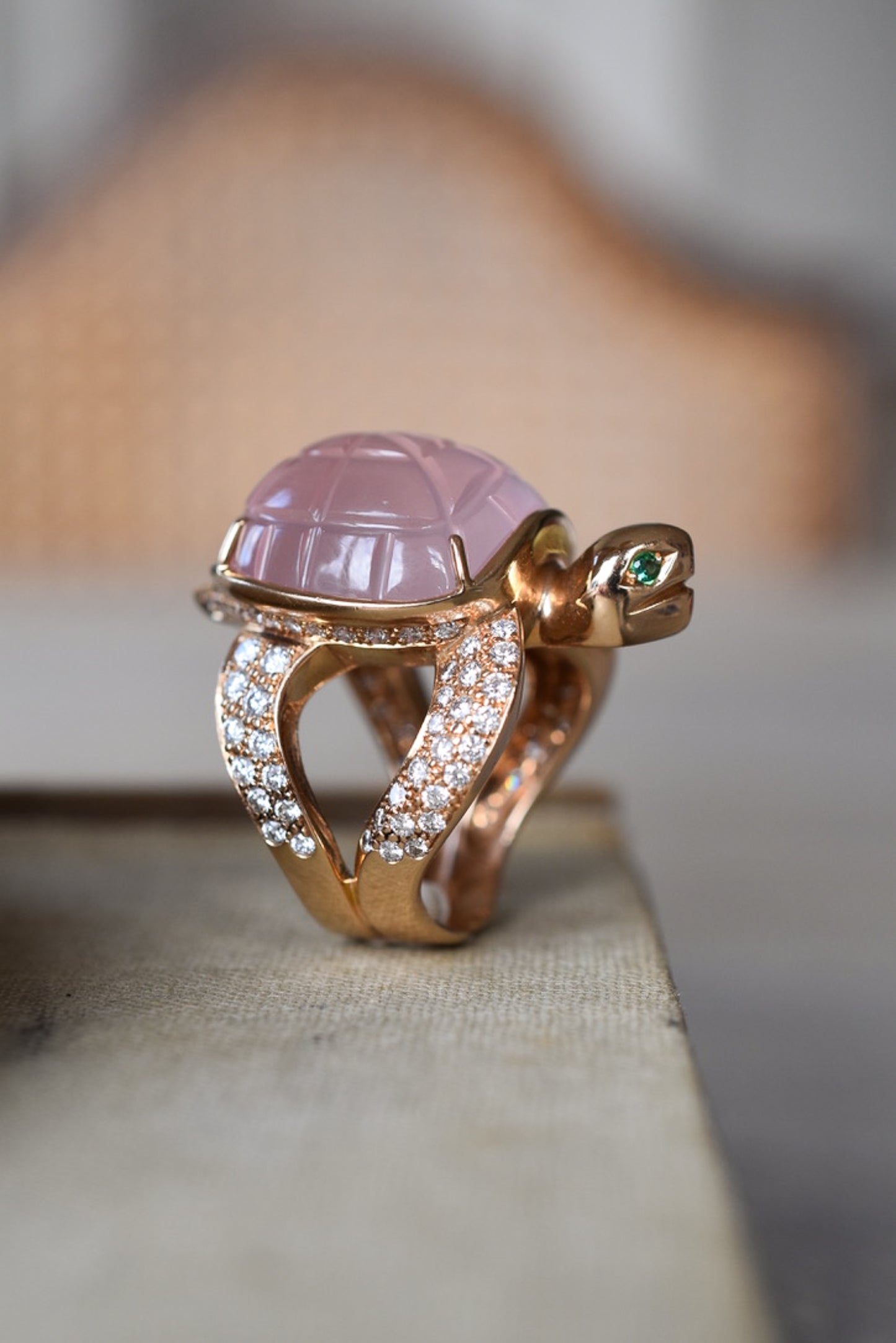 Boucheron 'Honu' Rose Quartz and Diamond Sea Turtle Ring in 18k Yellow Gold